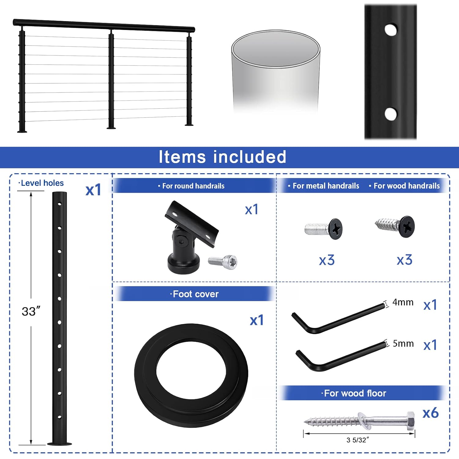 Muzata Cable Railing Post Round 36&rsquo;&rsquo;x2.36&rsquo;&rsquo; Stainless Steel Black Finishing Pre-drilled Posts Surface Mount for Wood Concrete Level Deck Stair Balustrade fit Invisible kit PS21 BH4S, PT1 PT3