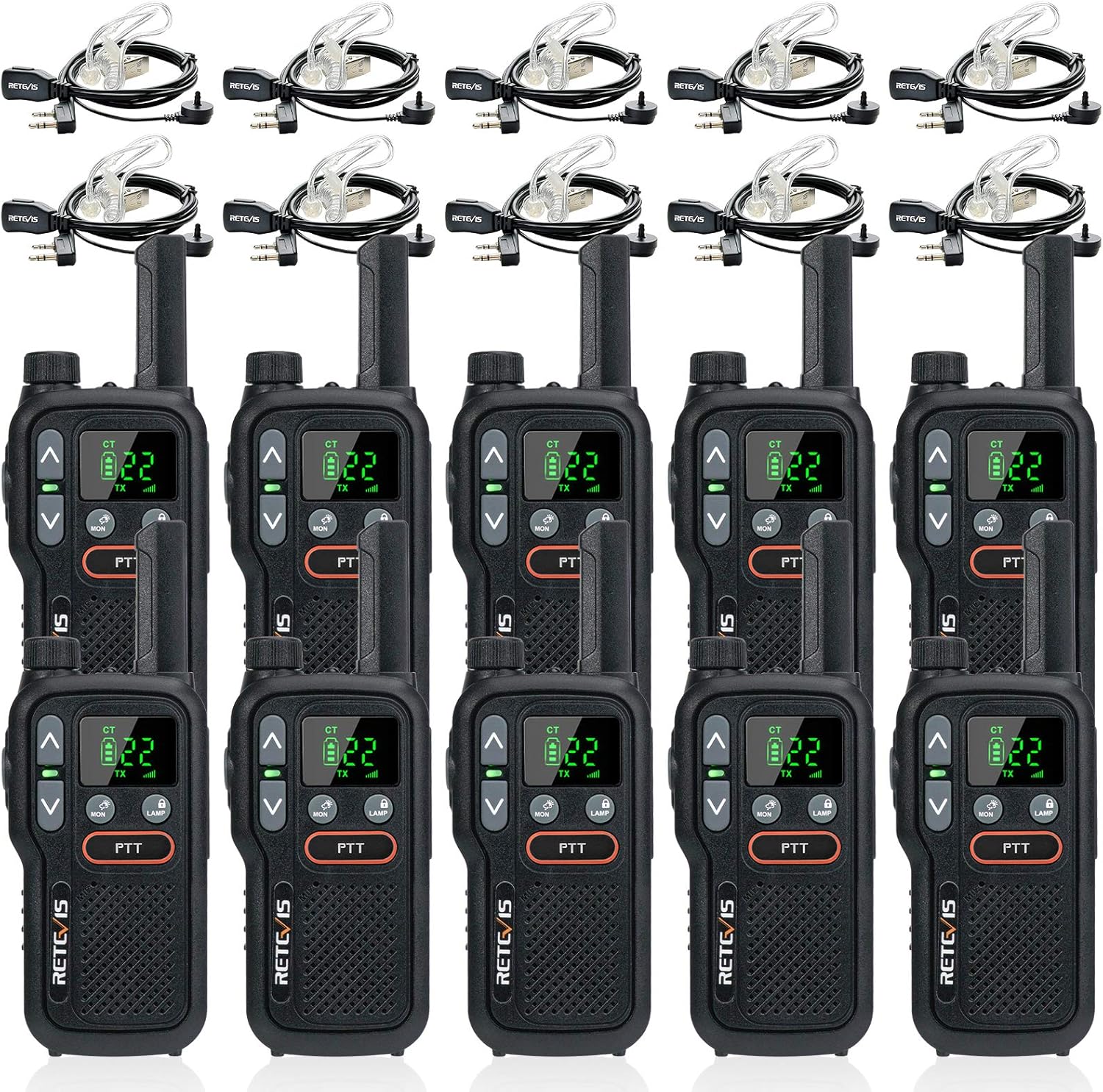 Retevis RB18 Rechargeable Walkie Talkie with Headset, Long Range Dual PTT Radio, Portable Two-Way Radio for Adults, NOAA Handheld Transceiver for Group, Team, School(10 Pack)