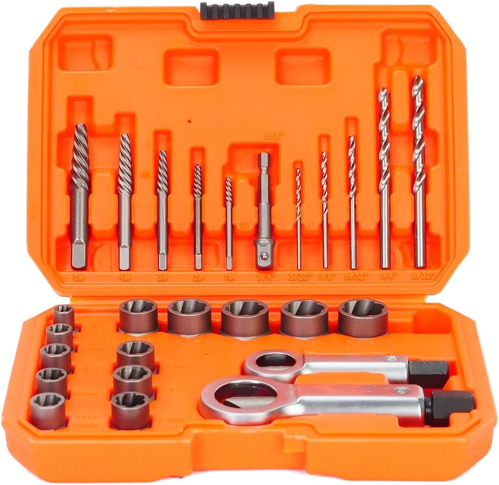 Luckyway 26-Piece Impact Bolt & Nut Remover, Spiral Screw Extractor with 3/8 Drive Impact and Drill Bit, Metal Nut Splitter Cracker Set for Removing Broken Studs, Bolts, Socket Screws, and Fittings