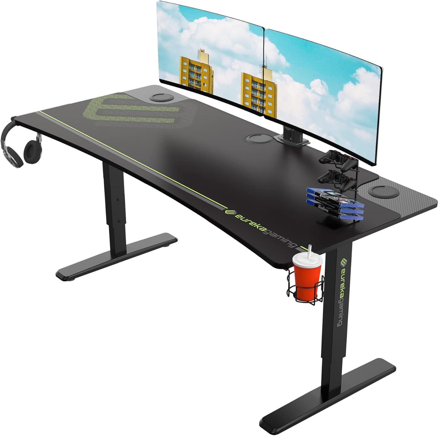 EUREKA ERGONOMIC 63 Inch Large Black Height Adjustable Home Office Computer Gaming Desk, Manual Standing Curved Edge Table for 3 Monitors with Full Mouse Pad Controller Stand Cup Holder Headphone Hook