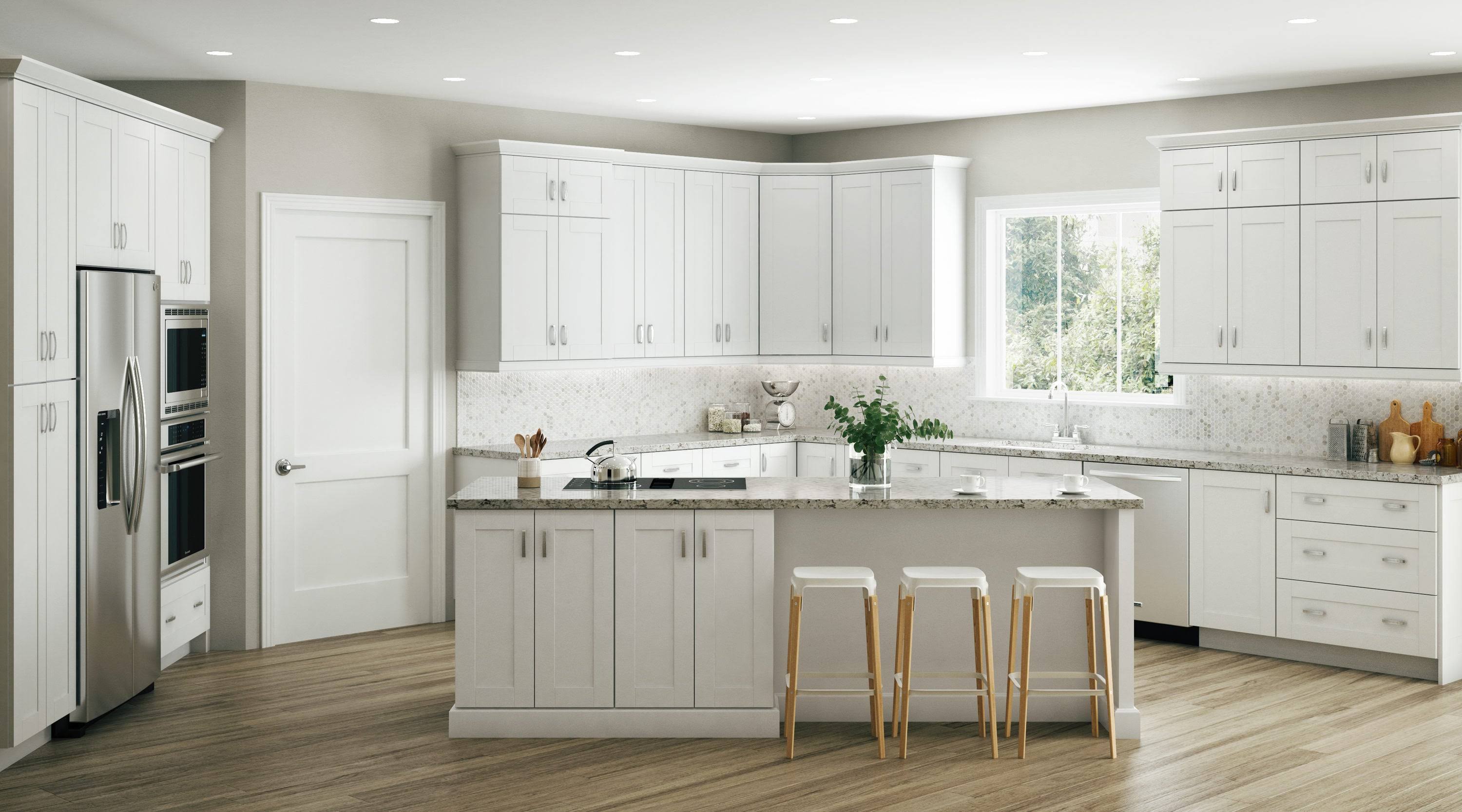 Contractor Express Cabinets RP384-XVW Vesper White Shaker Assembled Plywood 3 84 in. x 24 in. Kitchen Cabinet Refrigerator Decor