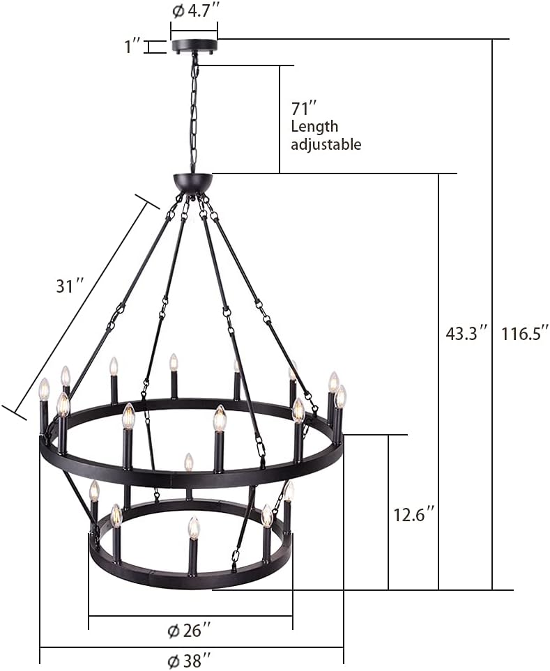 Wellmet Black Wagon Wheel Chandelier 2 Tier, Large Farmhouse Round Pendant Light Fixture Industrial Chandelier Lighting, H43.3