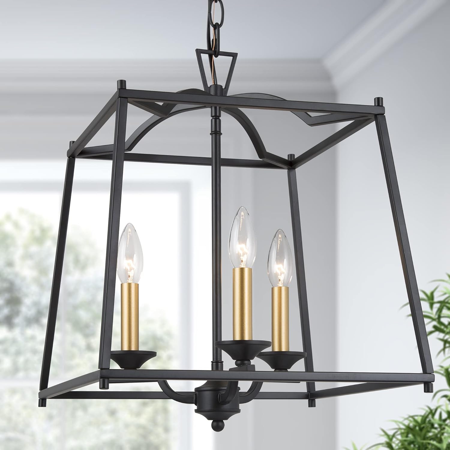 Durent Lighting Black Modern Chandelier Light Fixture, 3-Light Lantern Farmhouse Cage Chandelier with Gold Bulb Base for Dining Room, Kitchen Island, Bedroom, Foyer, Entryway, 14.5