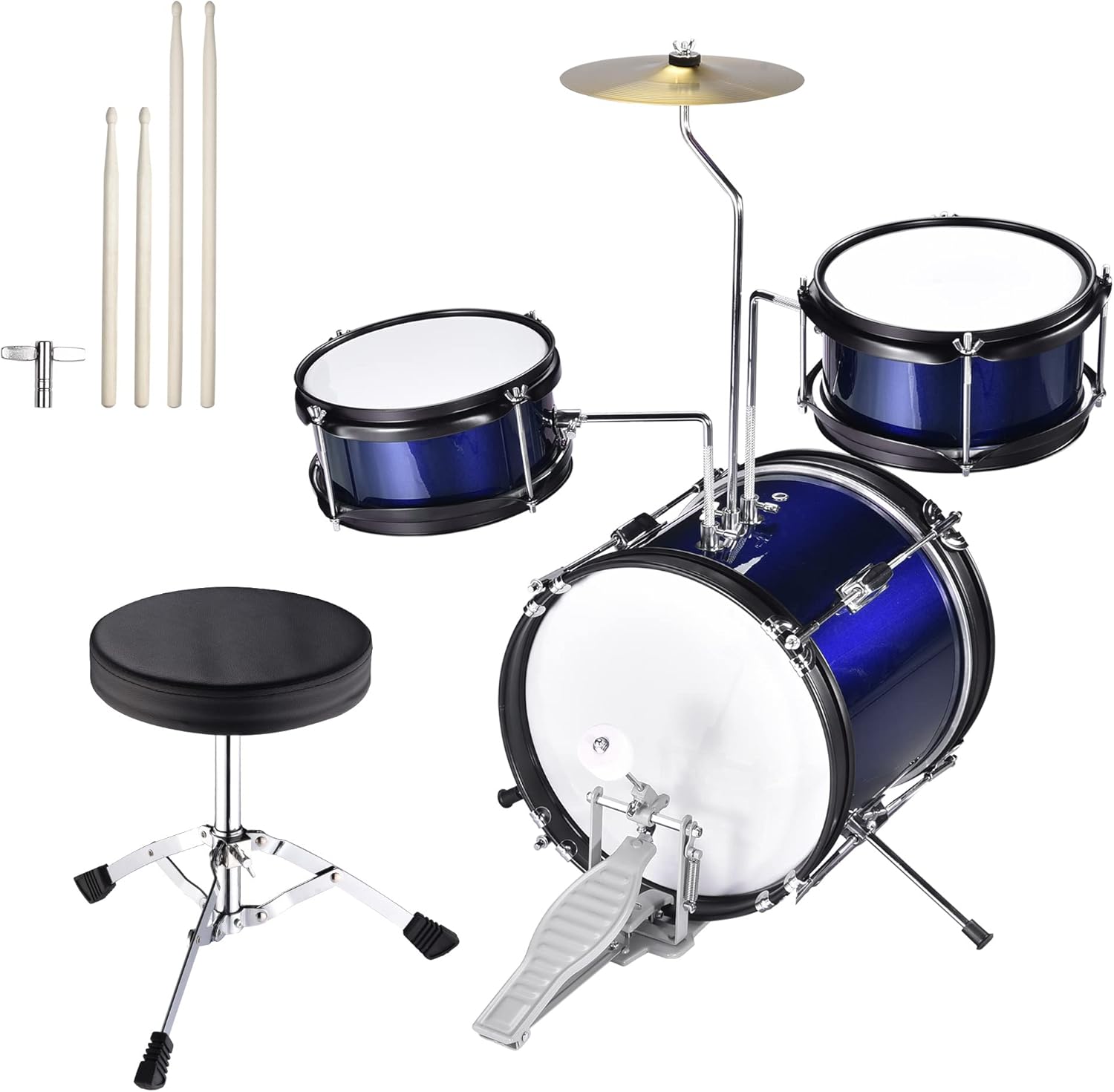 AW 3pcs Drum Set Kit Sticks Throne Cymbal Bass Snare Seat Black