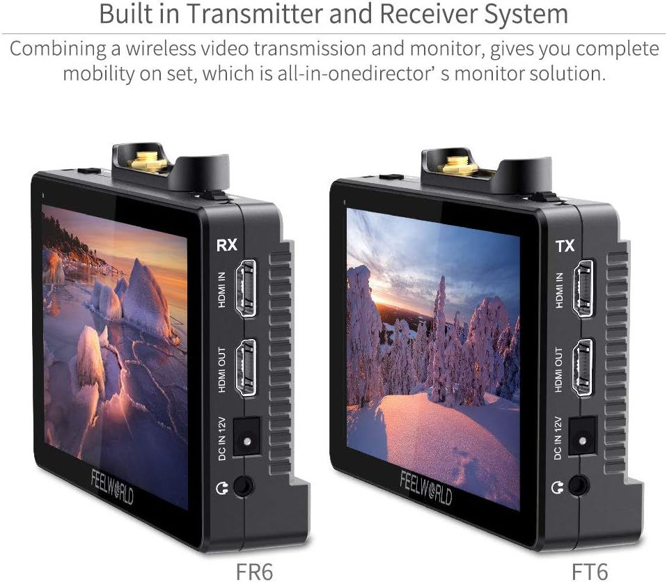 FEELWORLD FT6 FR6 5.5 Inch Wireless Video Transmission DSLR Camera Field Monitor Built in Transmitter and Receiver System Long Range 800ft Low Latency 0.07s Touch 3D LUT HDR 4K HDMI Director AC DP