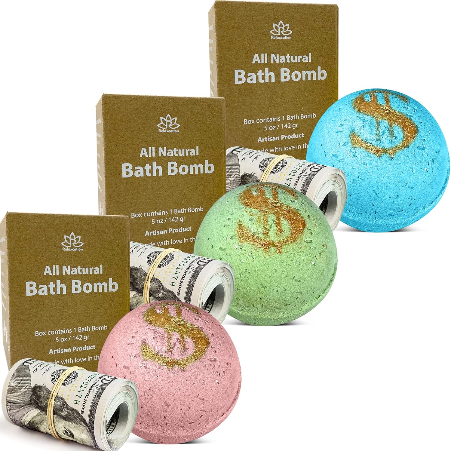 3 Bath Bombs Set with Cash Surprise Inside - Real Money Up to $100 Bill in Each Bath Bomb - Handmade in USA Pack of 2
