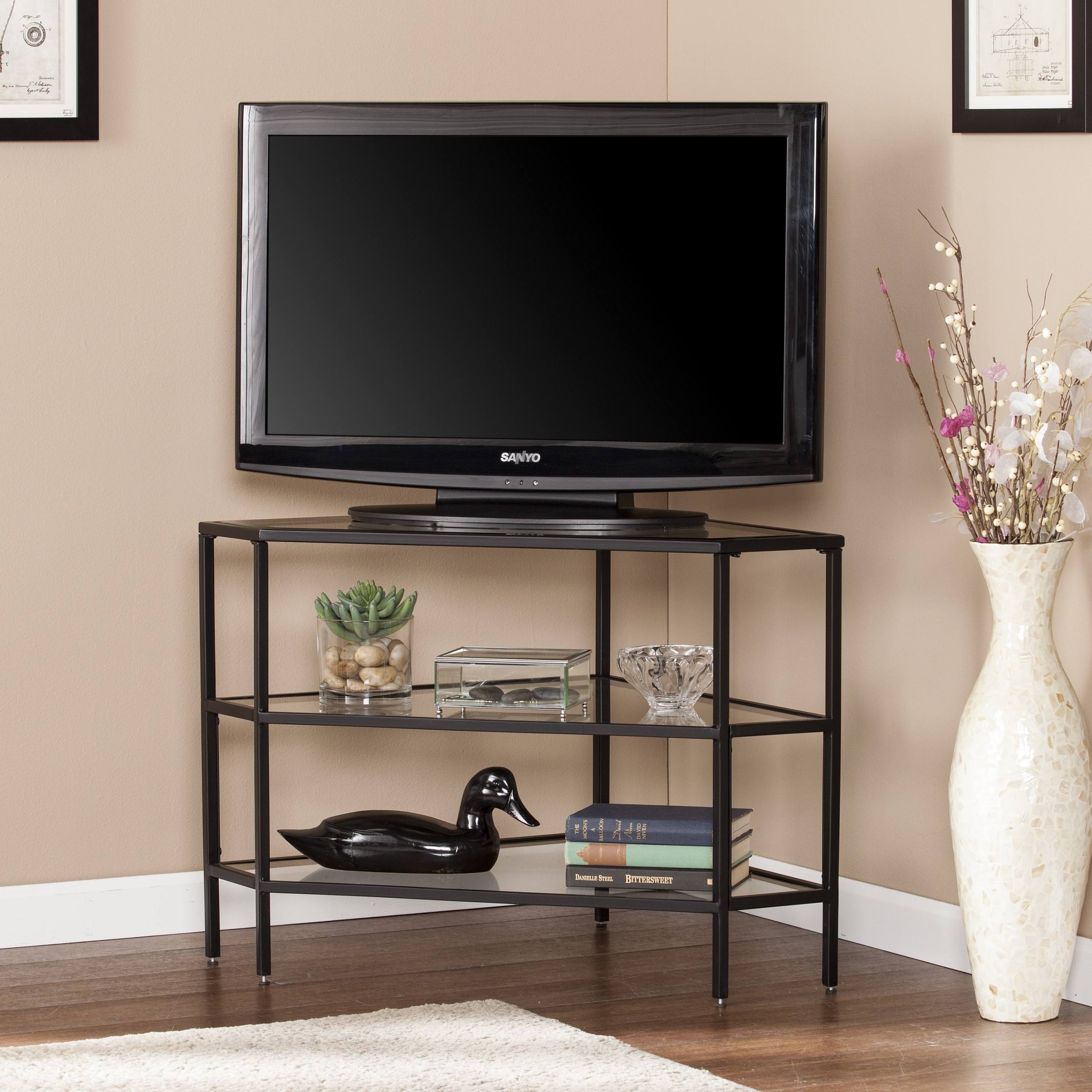 Southern Enterprises Niles Metal u0026 Glass Corner TV Stand - Black