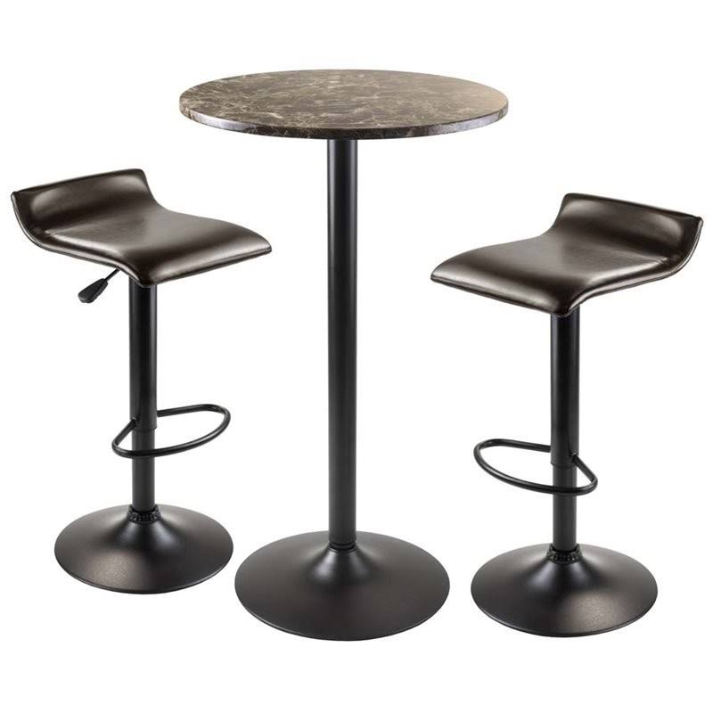 Pemberly Row 3 Piece Round Faux Marble Top Pub Set in Black