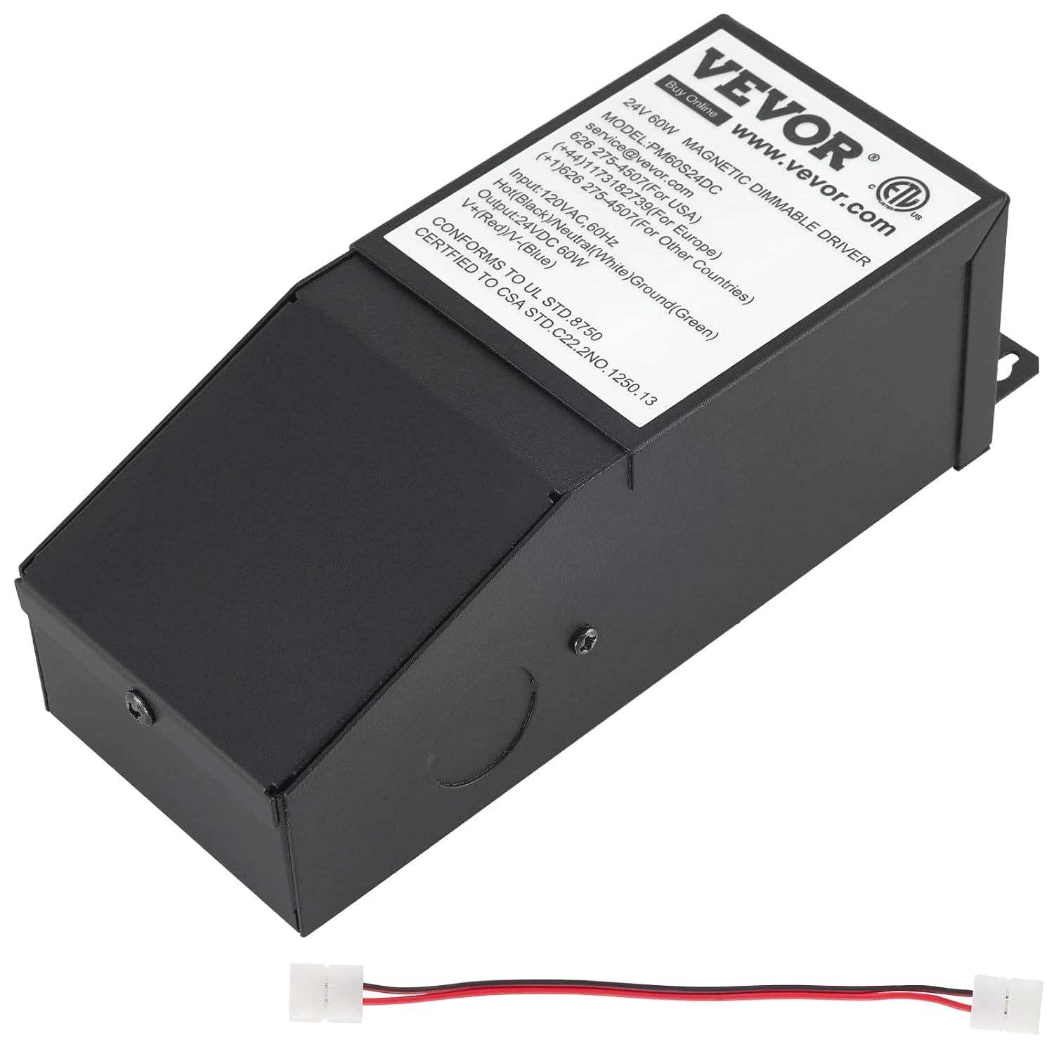 VEVOR Dimmable LED Driver, 60W 24V 2.5A, Magnetic Power Supply 110V AC to 24V DC LED Transformer, Compatible with MLV, ELV, CL Dimmers, for LED Strip Lights, Constant Voltage LED Products, ETL Listed