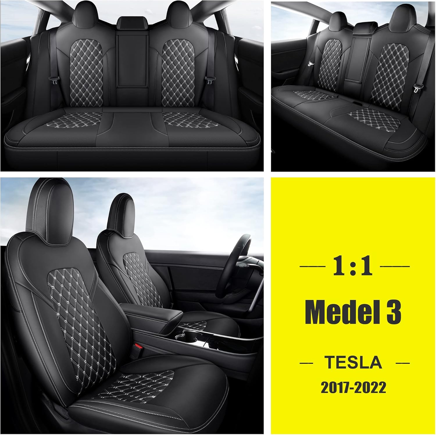 GIANT PANDA Pu Leather Car Seat Covers Full Set Custom Fit for Tesla Model 3 2017 2018 2019 2020 2021 2022 - (Black)