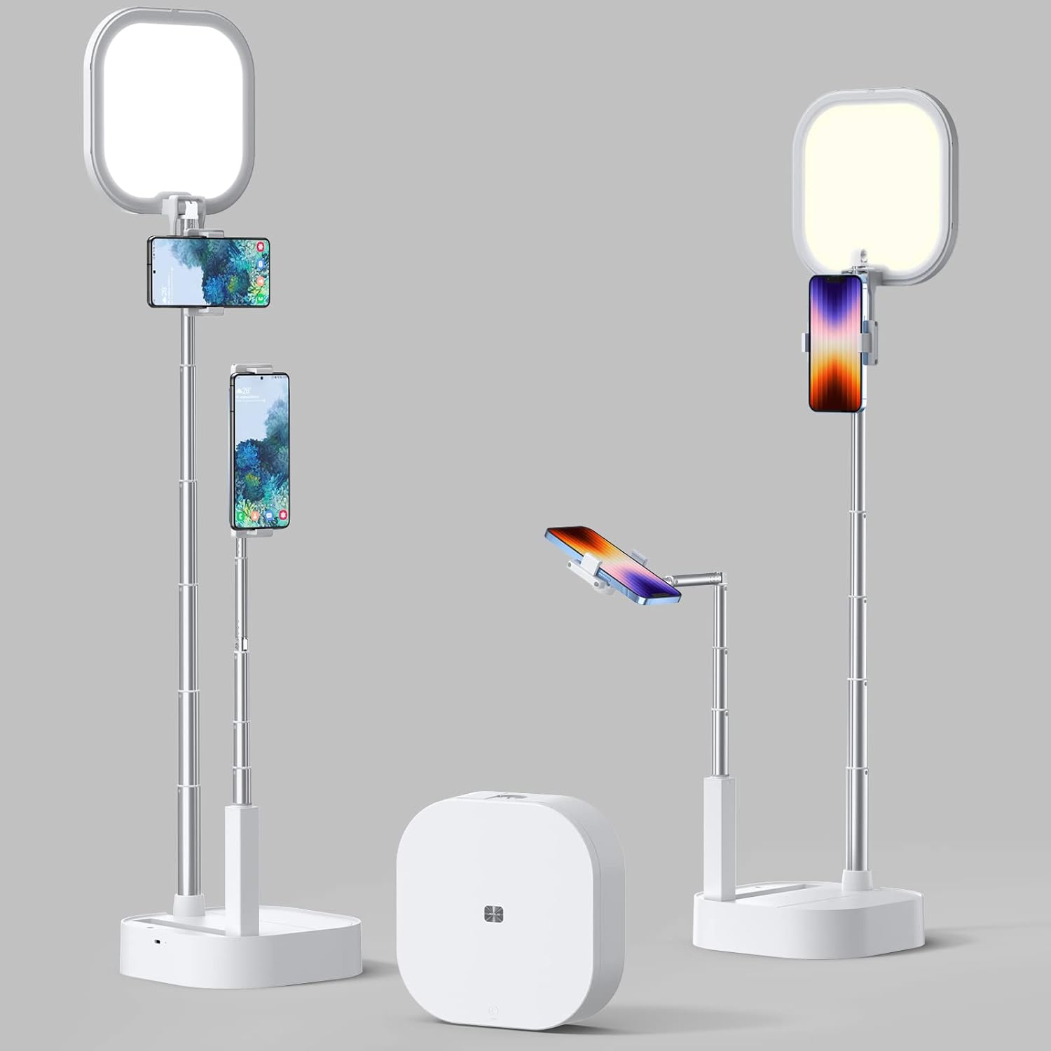 JSAUX Extendable Selfie Light Stand,Overhead 360°Rotation Two Phone Holders,Phone Stand for Recording,Rechargeable Wireless 15 Brightness LED Light,Live Streaming/Tiktok/Instagram/YouTube Starter kit Pack of 2