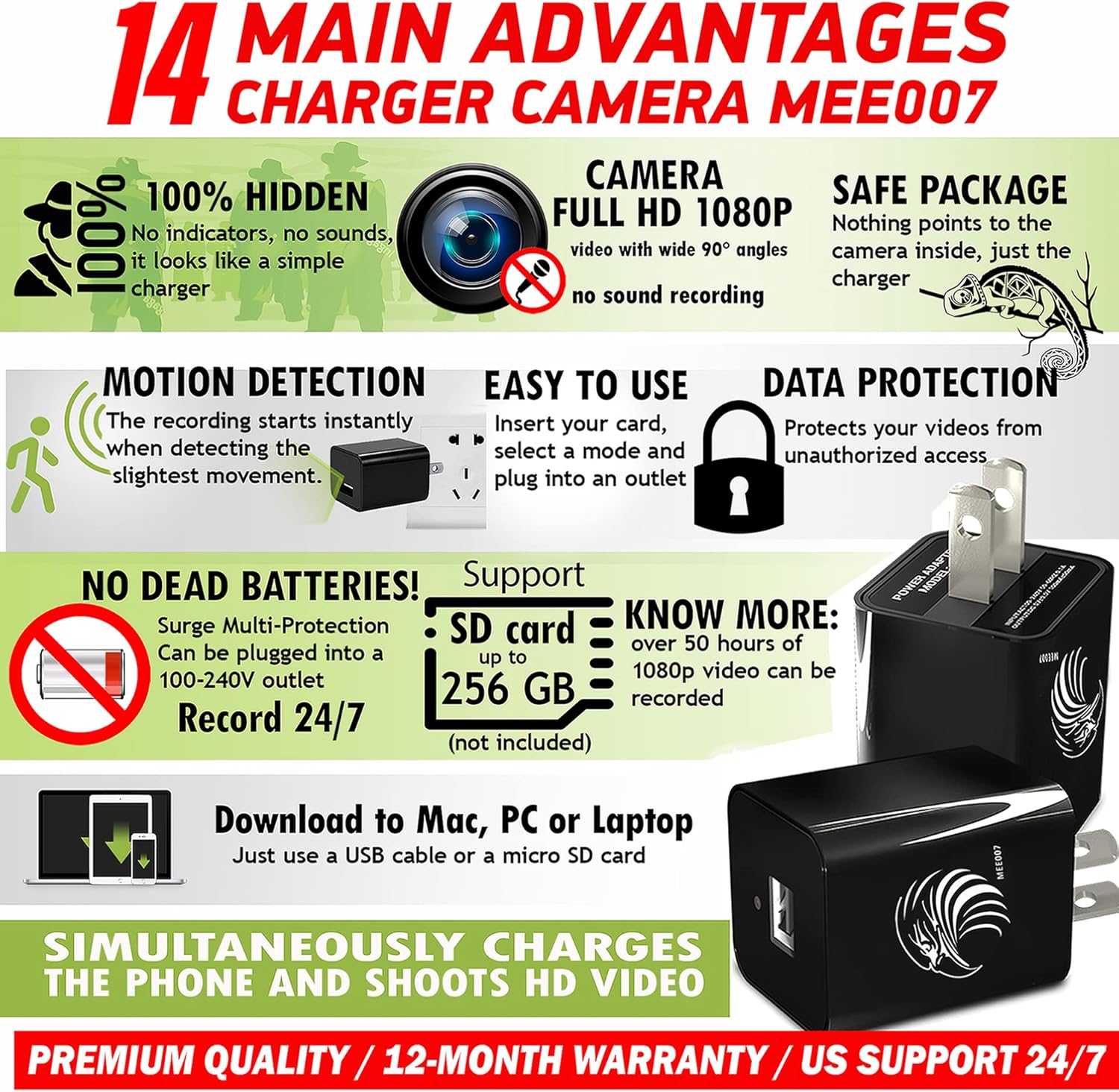 Spy Camera Charger | Hidden Camera | Premium Pack | Mini Spy Camera 1080p | USB Charger Camera | Hidden Spy Camera | Hidden Nanny Cam | Hidden Spy Cam | Hidden Cam | Surveillance Camera Full HD