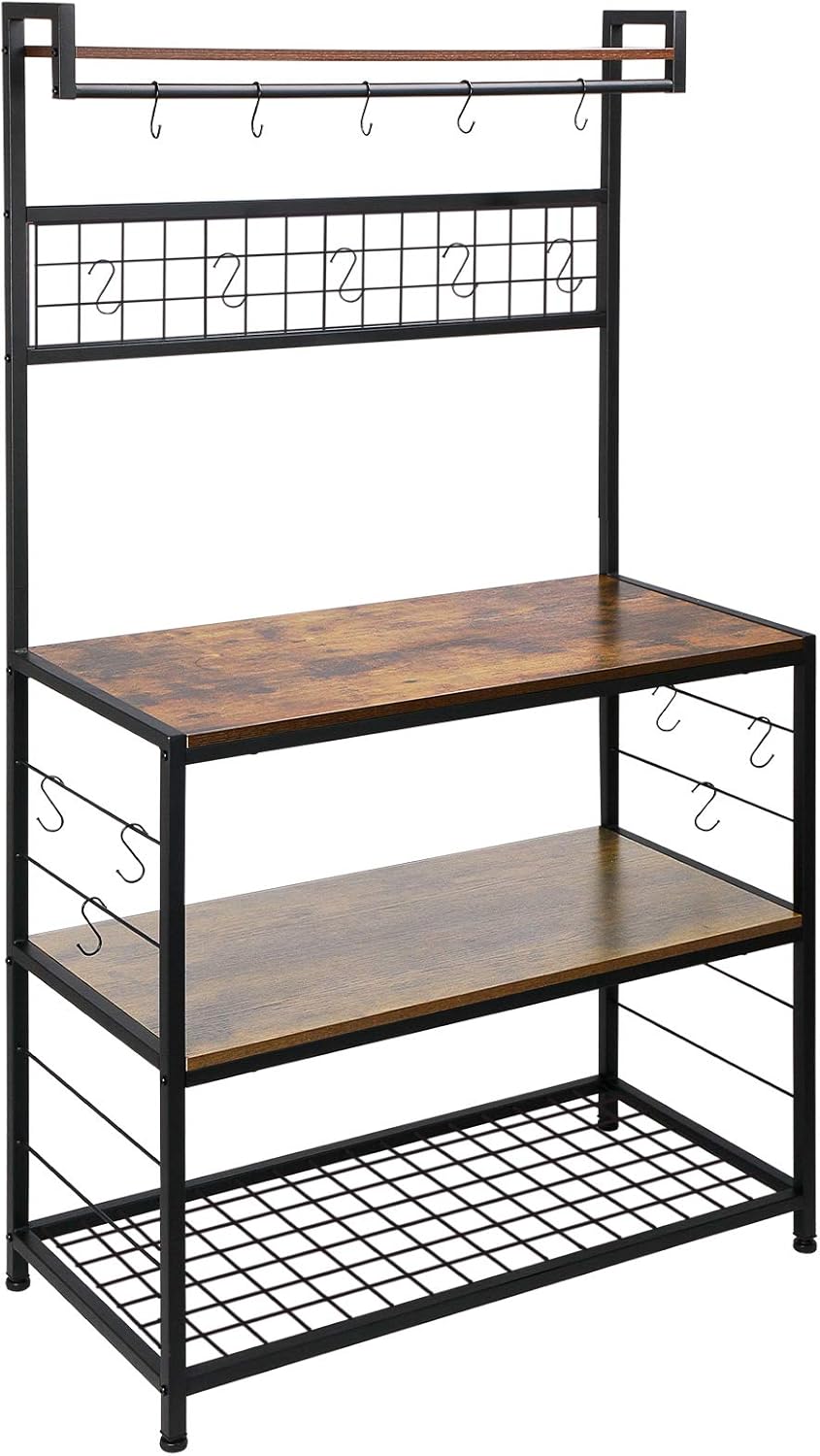 HOMEKOKO Kitchen Bakers Bakers Rack with 16 Hooks for Microwave Oven Cooking Utensils, Industrial, Rustic Brown