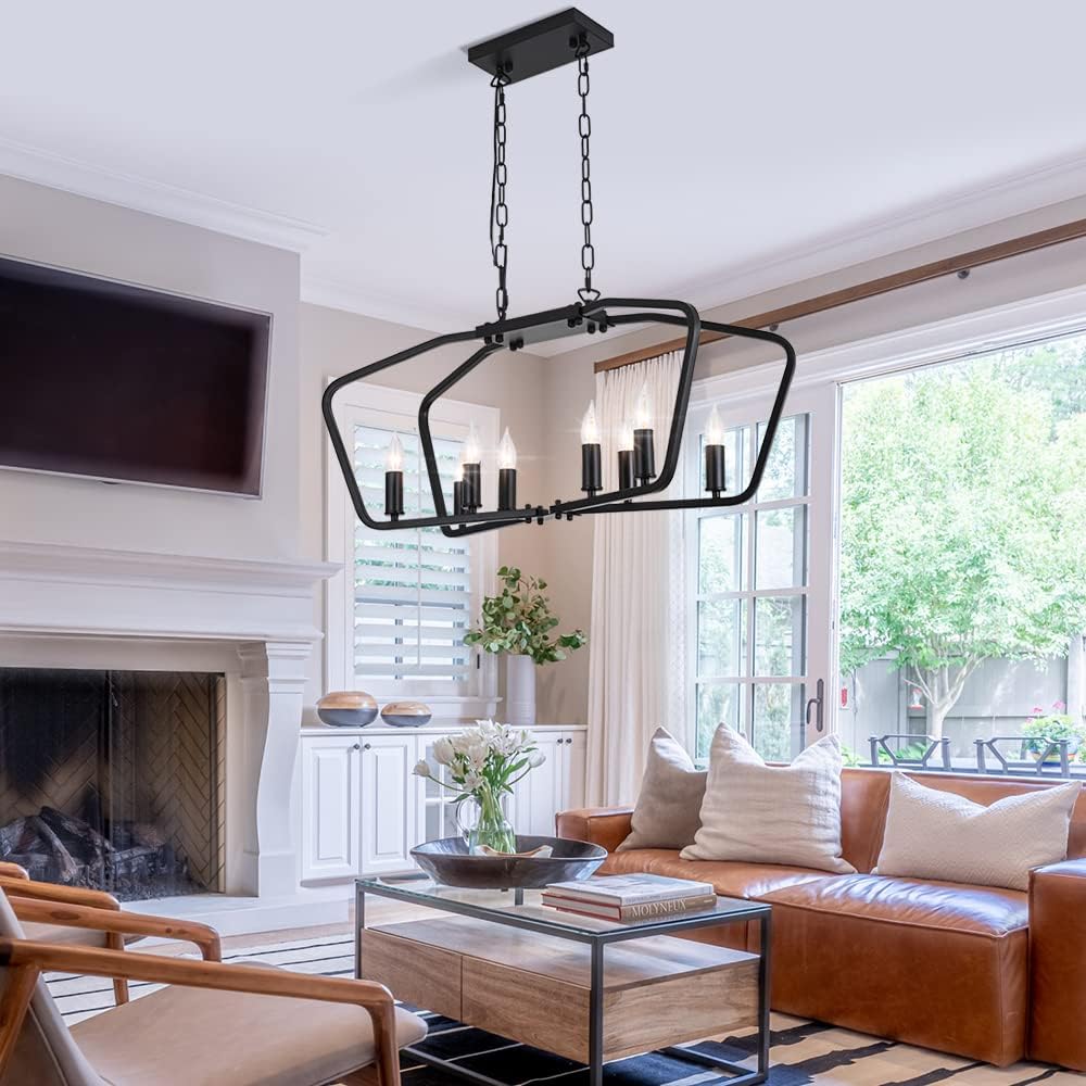 Goomavi 8-Light Linear Pendant Light Fixture, Kitchen Island Lights Lantern Pendant Lighting,Black Chandeliers for Dining Room
