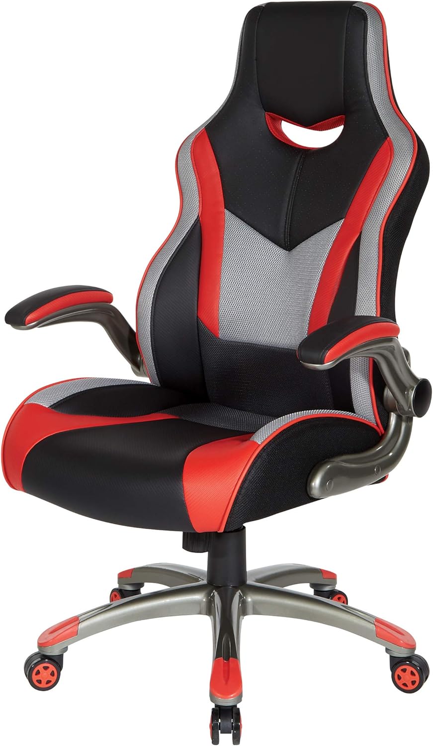 OSP Home Furnishings Uplink Ergonomic Adjustable High Back Gaming Chair, Black Faux Leather with Red Trim