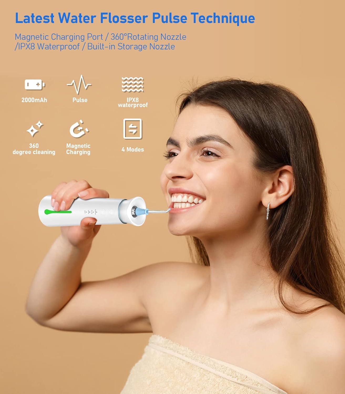 OBDOWUGE Professional Rechargeable Cordless Water Dental Flosser Teeth Cleaner with 4 Modes, IPX8 Waterproof Portable & Cordless Flosser, Magnetic Nozzle, Wireless Charging - Dentist Recommended Pack of 2