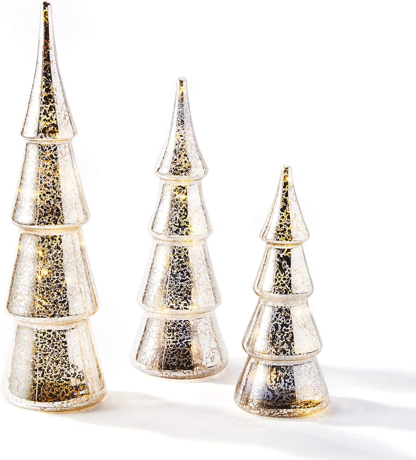 Mercury Glass Christmas Tree Decoration - Set of 3 Assorted Trees with Fairy Lights, 10 Inch Tall, Champagne Gold, Batteries Included, Holiday Table Centerpiece or Mantle Decor Pack of 2