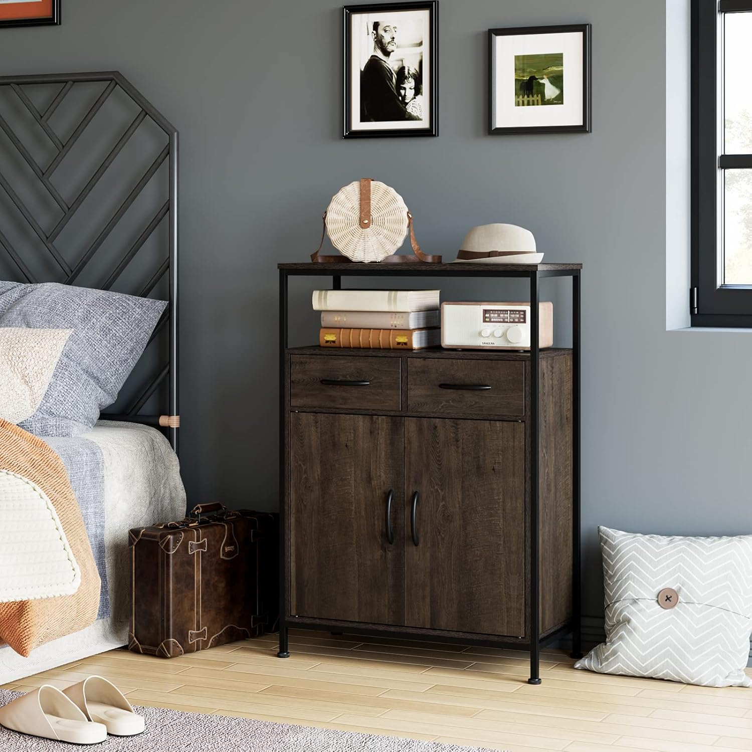 Industrial Storage Cabinet, Floor Cabinet with Fabric Drawers, Office Cabinet with Doors and Shelves, Accent Cabinet for Entryway, Living Room, Bedroom, Dark Brown
