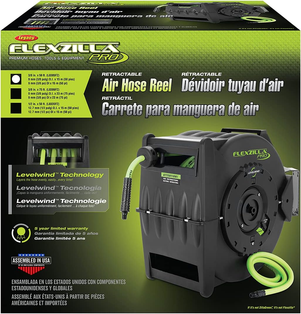 Flexzilla Levelwind Retractable Air Hose Reel, 3/8 in. x 50 ft, Heavy Duty, Lightweight, Hybrid, ZillaGreen - L8305FZ