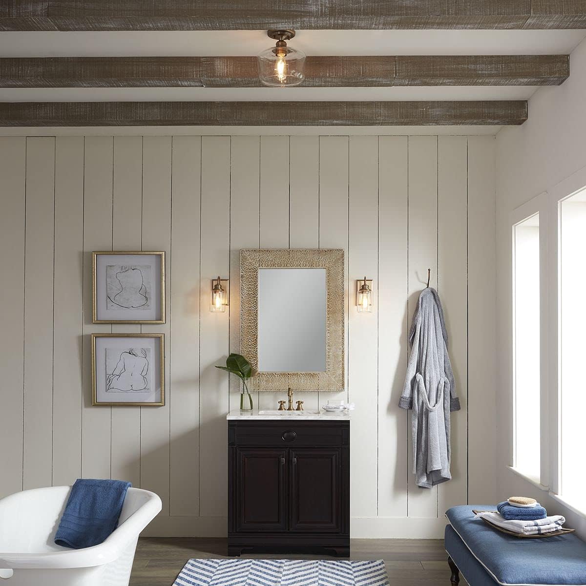 Aiken Collection 1-Light Clear Glass Farmhouse Flush Mount Light Vintage Brass Pack of 2