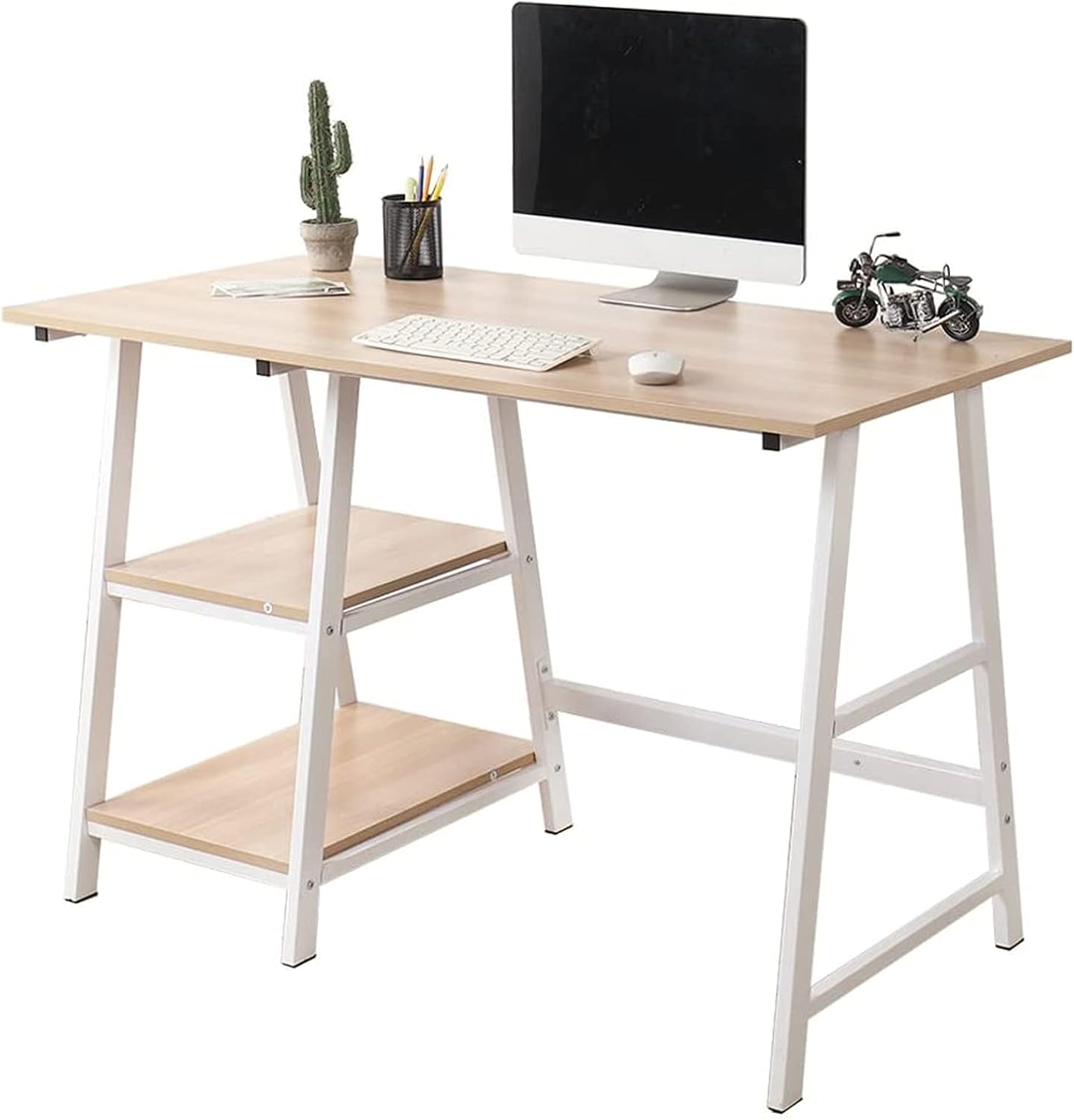 Soges Computer Desk Trestle Desk Writing Home Office Desk Hutch Workstation with Shelf Storage Desk, Walnut & Black 47 Inches CS-Tplus-120WB Pack of 2