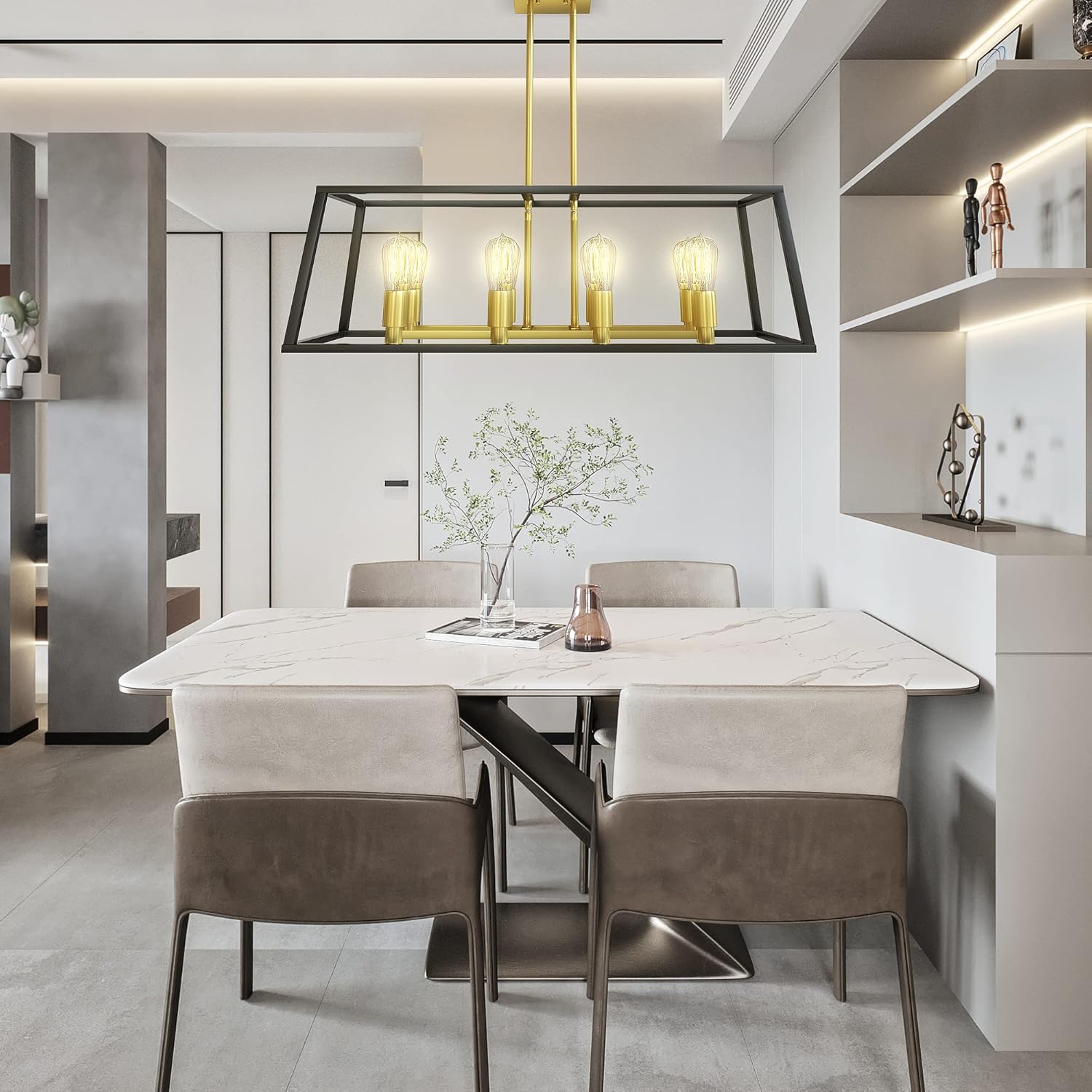 AWQM Industrial Linear Chandelier,8-Light Kitchen Island Pendant Lighting,Open Rectangle Metal Frame Chandelier,for Kitchen Island,Living Dinning Room,Restaurant,Cafe Bar, Gold&Black