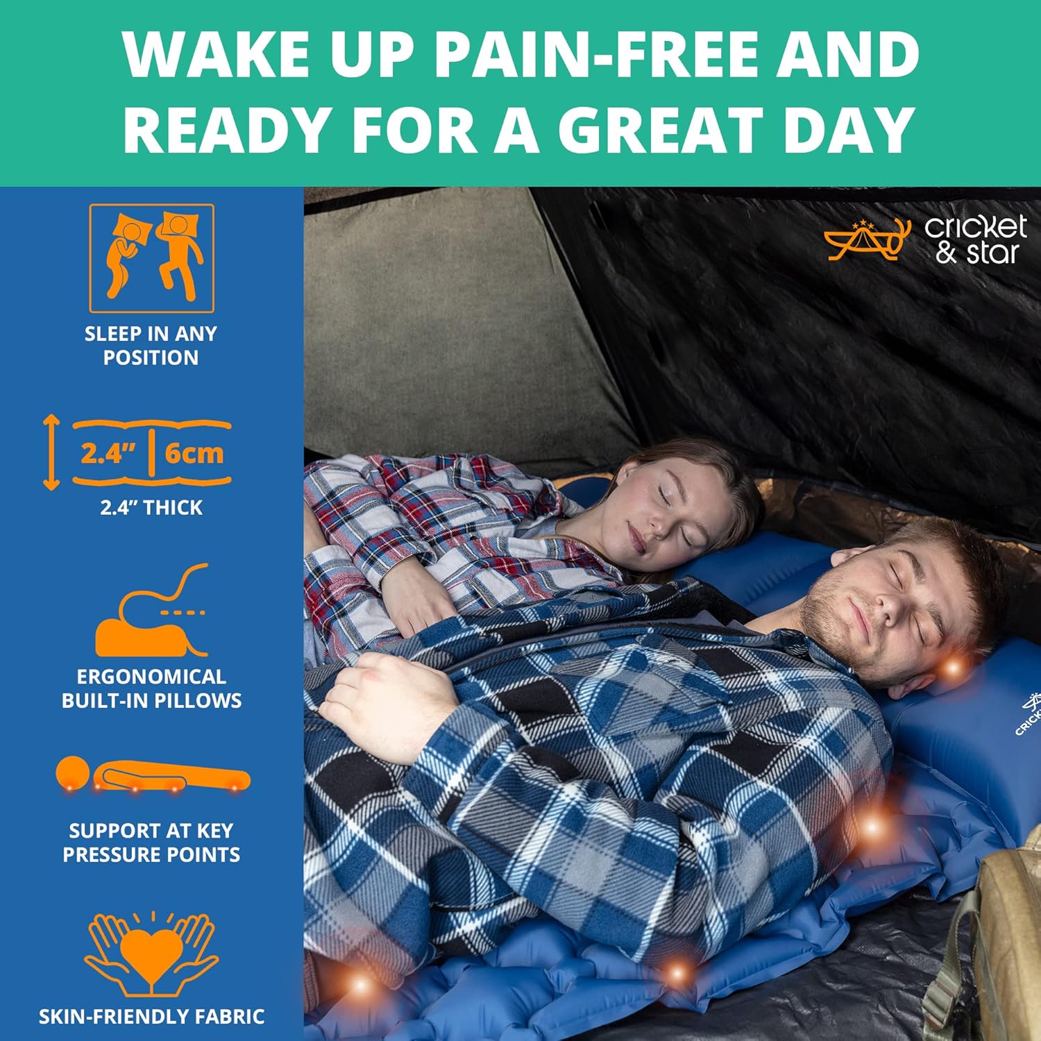 Double Sleeping Pad &ndash; Inflatable Queen Camping Mattress 2 Person with Built-in Foot Pump + Pillows - Light and Compact Camping Pads for Sleeping Two People - Hiking, Backpacking, Tent, Car Camping