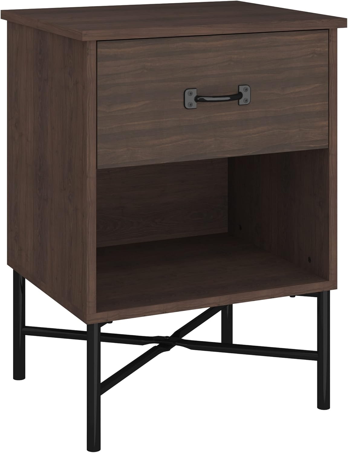 HAIOOU Nightstand, 2-Tier End Table Retro Accent Bedside Nightstand Table with Wood Drawer, Expanded Storage Shelf and X-Frame Legs for Home, Bedroom, Living Room - Walnut Brown & Matte Black
