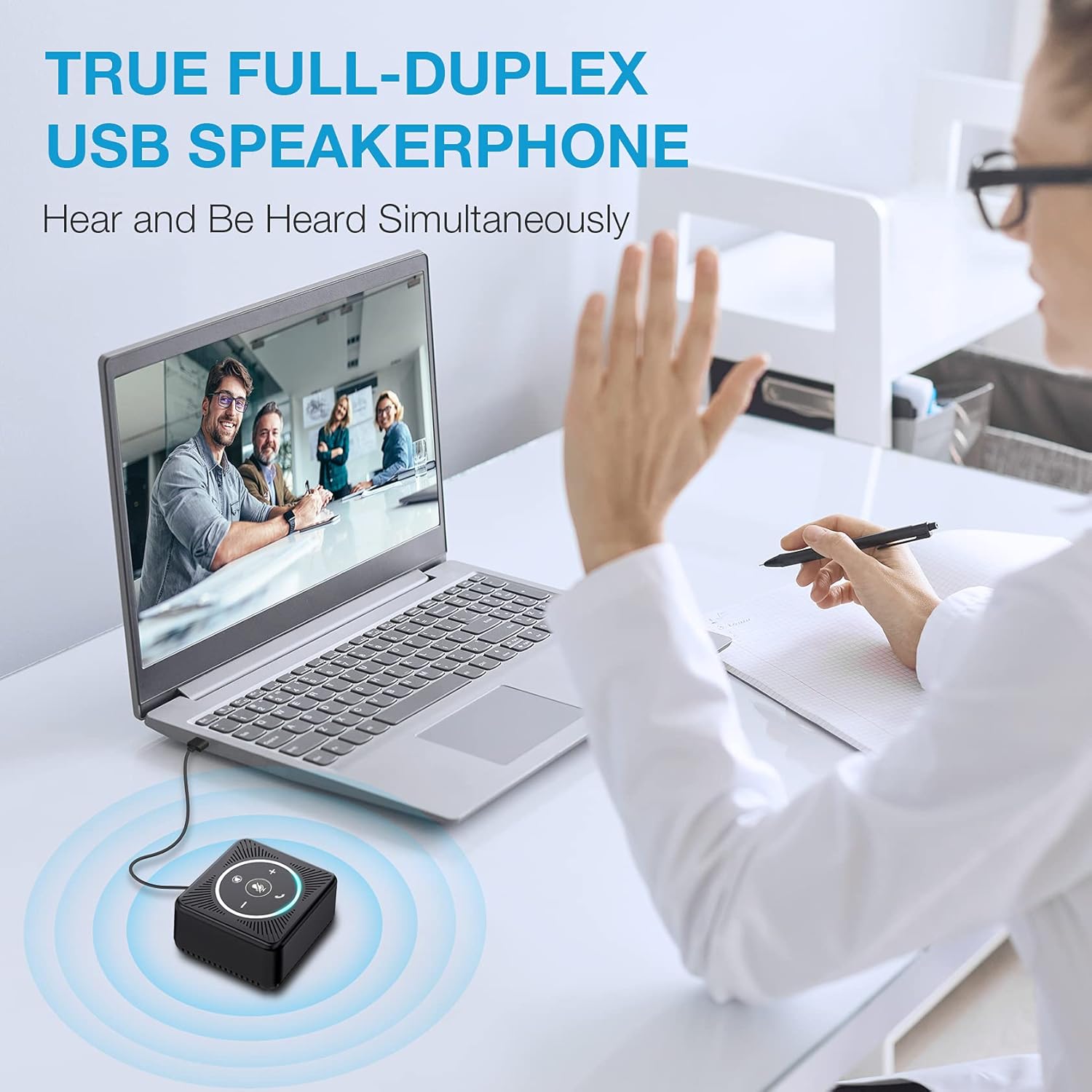 USB Speakerphone - eMeet M0 Conference Speaker for 4 People Business Conference 360° Voice Pickup 4 AI Microphones USB Skype Speakerphone Conference Call Speaker Plug and Play Pack of 2