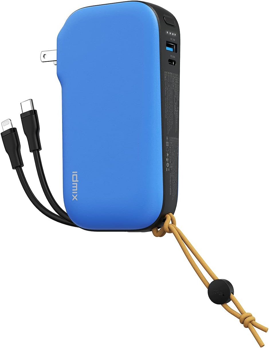 IDMIX Portable Charger - 4-in-1 Travel Power Bank, Wall Charger & Built-in Lightning & Type-C Cable - 10000mAh Capacity, PD 20W Fast Charging - External Power Pack for Phone, Tablet（Blue Pack of 2