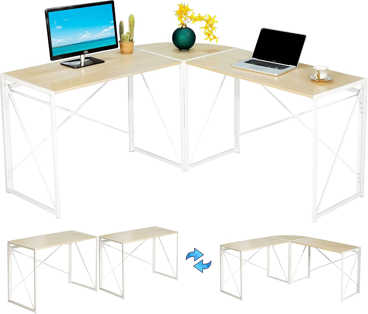 Rainbow Sophia Modern Metal X Frame Reversible and Foldable Home Office Corner L-Shaped Computer Desk, 59 Inch, Black/Brown