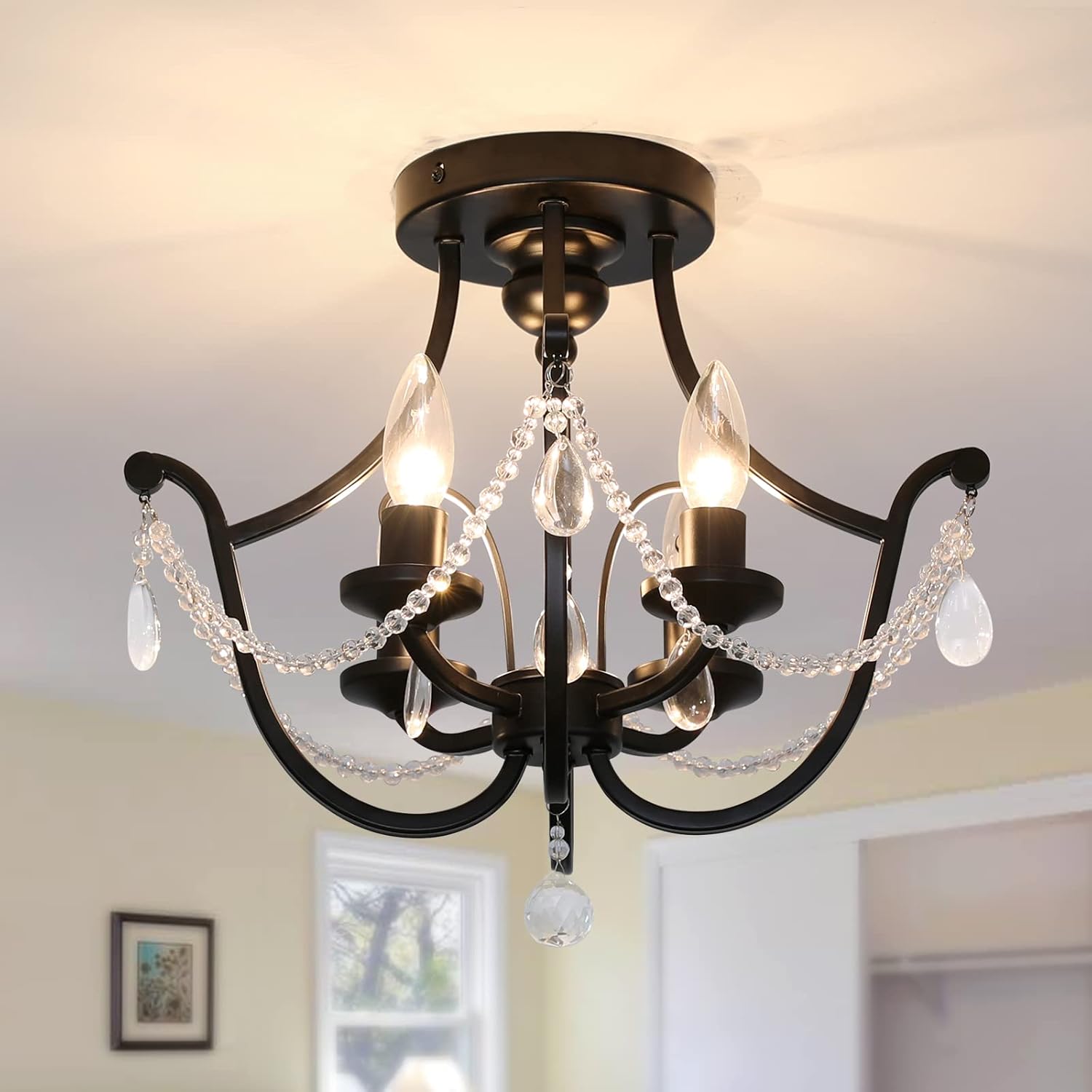 UOFUS Modern Semi Flush Mount Crystal Chandelier Farmhouse Indoor Ceiling Light Fixture Modern Ceiling Lamp for Foyer Kitchen Hallway Bathroom Bedroom Dining Room （ Black ）