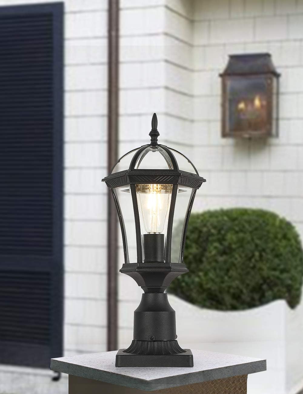 EREBJENH One Light Outdoor Post Mount Waterproof Pole Lantern Light Fixture Clear Glass Lampshade E26 Bulb Base,Matte Black Finish Exterior Post Light with Pier Mount for Garden,House,Porch