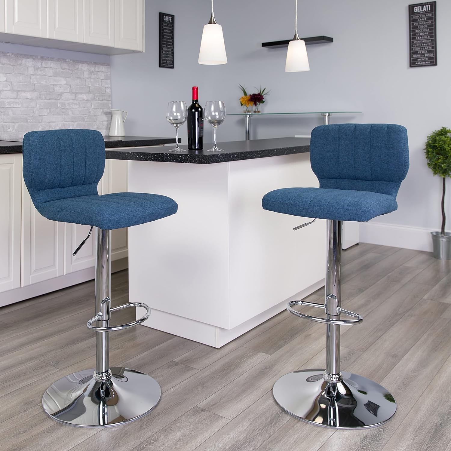 Flash Furniture Contemporary White Vinyl Adjustable Height Barstool with Vertical Stitch Back and Chrome Base Pack of 2