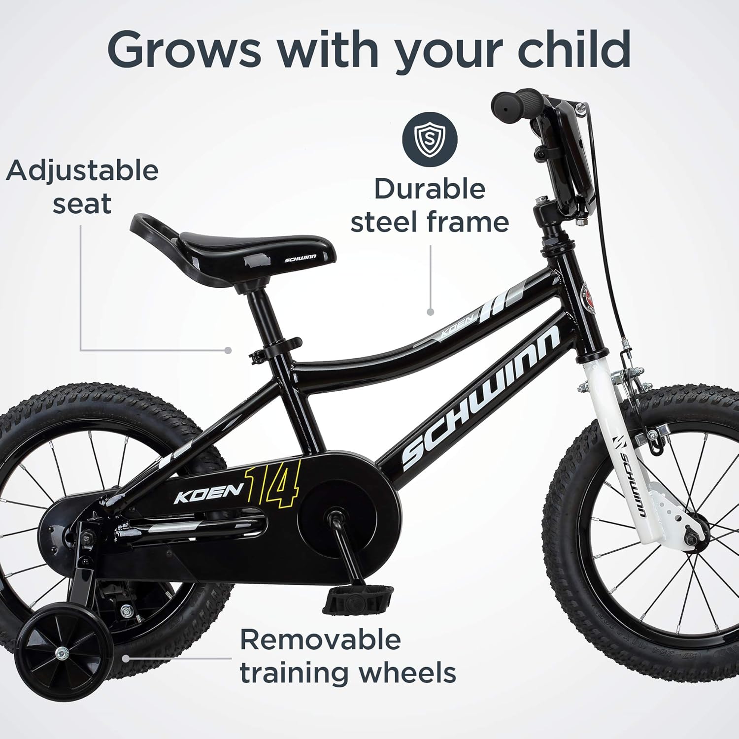 Schwinn Koen & Elm Toddler and Kids Bike, 14-Inch Wheels, Training Wheels Included, Black