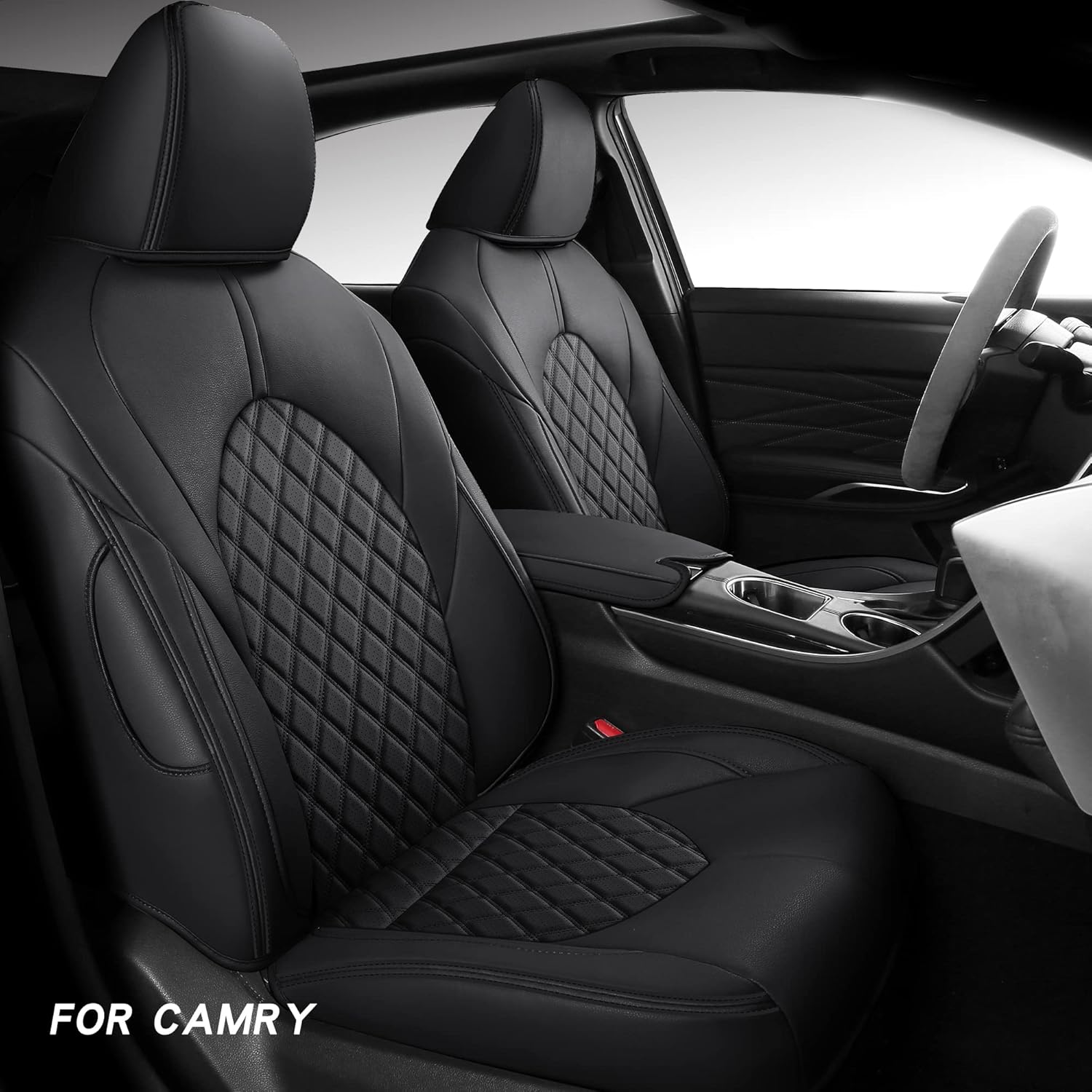 LEYJOIN Full Coverage Faux Leather Custom Car Seat Covers Full Set Fit for 2018 2019 2020 2021 Toyota Camry Hybrid LE SE XLE XSE L (18-21 Camry LE SE, Black and Red)