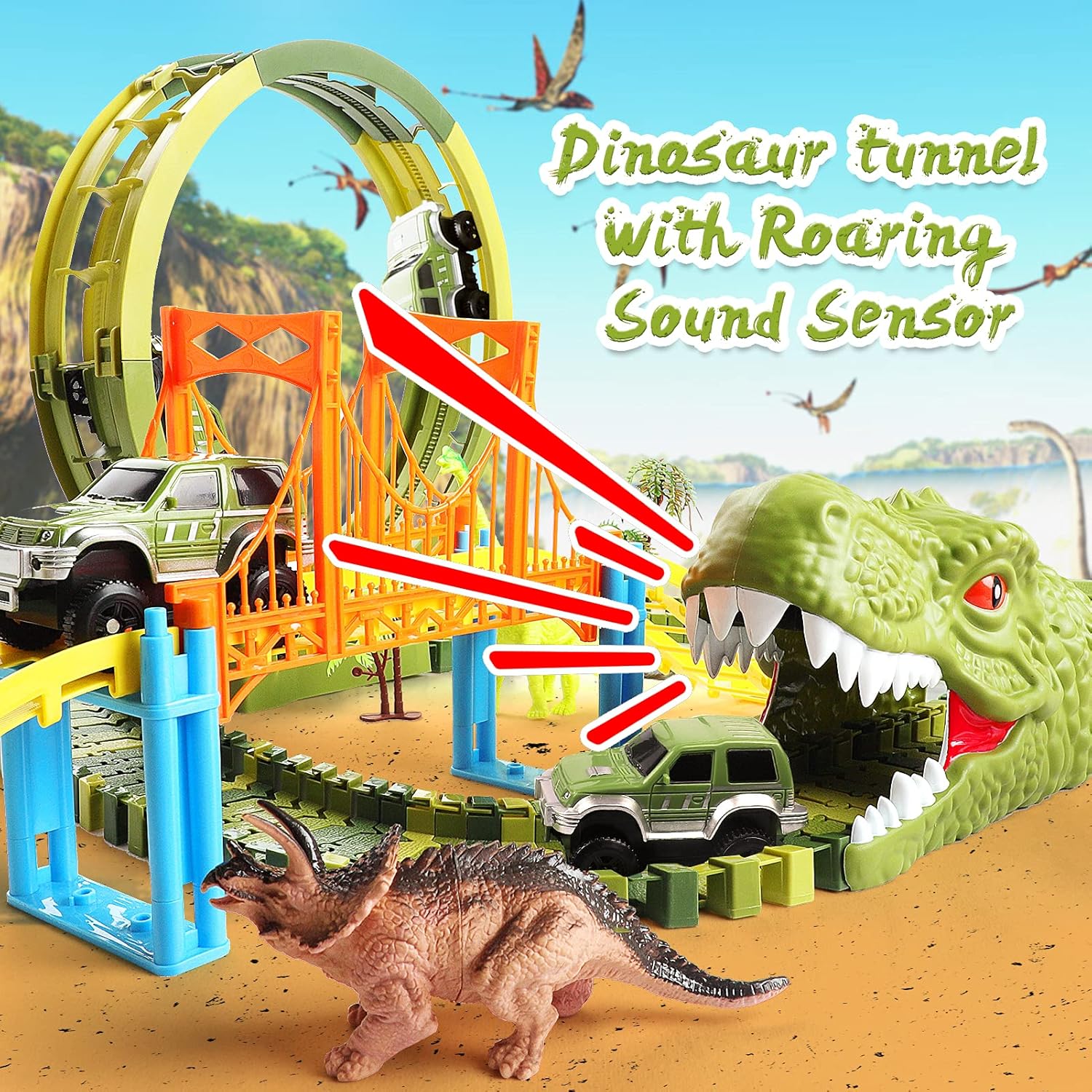 Dinosaur Race Car Track Toys, 320 pcs Create Dinosaur World Race 3 Cars, Flexible Tracks with 360 Loop and Turntable Playset, 2 Sounding Dinosaur Head, Gift for Kids Ages 3 4 5 6 Year Old Boys Girls