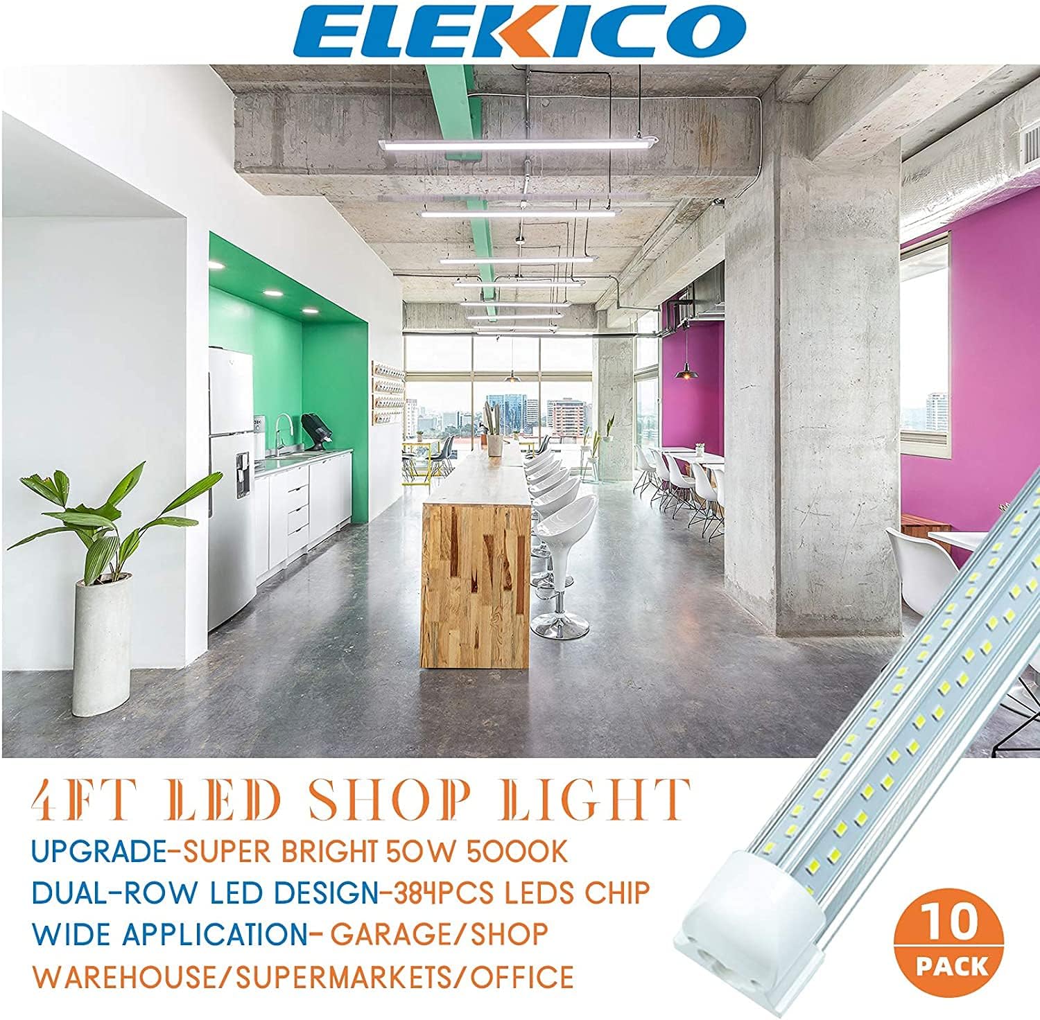ELEKICO LED Shop Light 4FT, 50W 7200LM 5000K V Shape 4' Led Shop Light, Super Bright Linkable Shop Lights, Hight Output T8 LED Tube Lights, LED Shop Lights for Garage 4 Foot with Plug 10 Pack