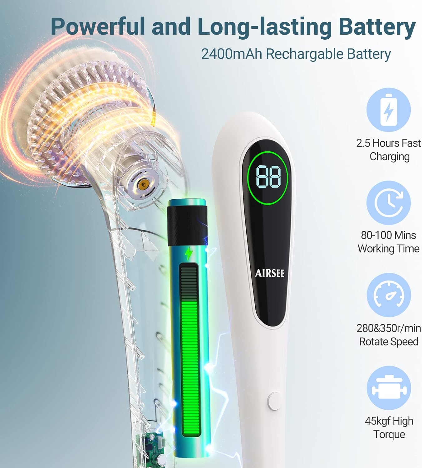 AIRSEE Electric Spin Scrubber, Long Handle Shower Scrubber with 9 Replaceable Brush Head, Cordless Power Electric Scrubber for Bathroom, Tub，Shower, Tile, Floor, Grout, Wall, Kitchen,Corner