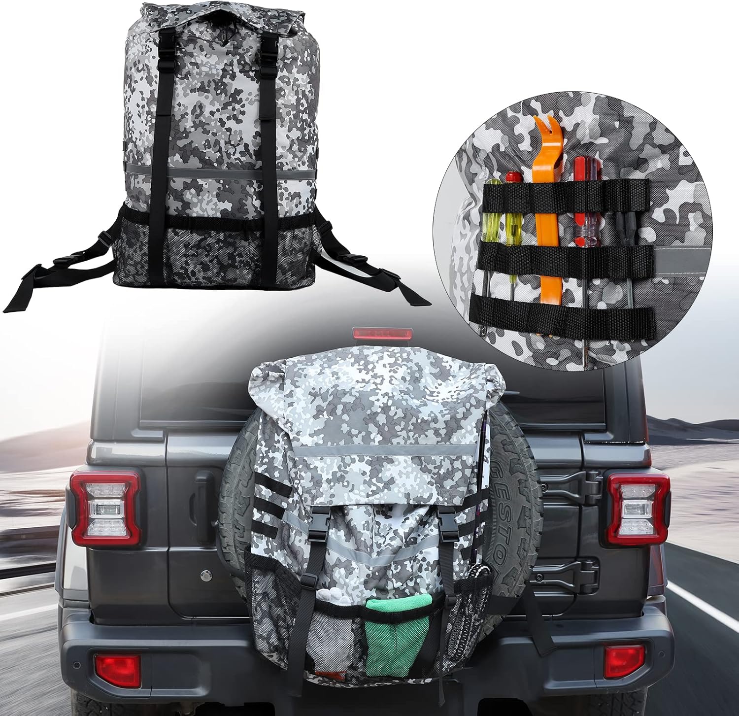 RT-TCZ Spare Tire Storage Bag, Large Capacity SUV Spare Tire Trash Bag, Heavy Duty Oxford Fabric Organizer for Jeep Wrangler TJ JK JL Trucks Off-Road Outdoor&Camping(Grey Camouflage)