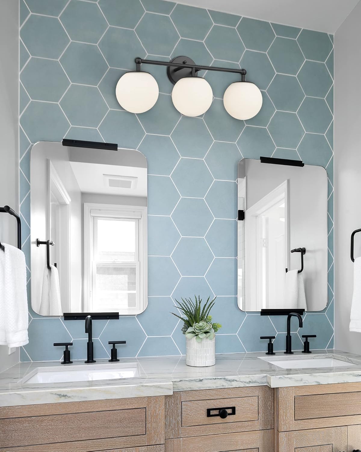 AKEZON Black Vanity Lights for Bathroom, Farmhouse Bathroom Light Fixtures 3-Light Over Mirror with Milky Glass Globe Shade, KW-7307-3