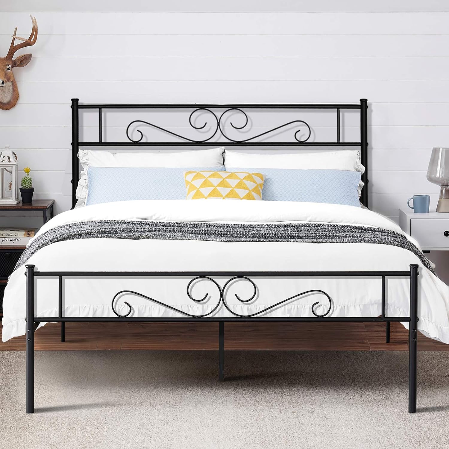 VECELO Metal Platform Bed Frame, Mattress Foundation with Headboard & Footboard, Sturdy Steel Slat Support, No Box Spring Needed, Underbed Storage, Black, Twin
