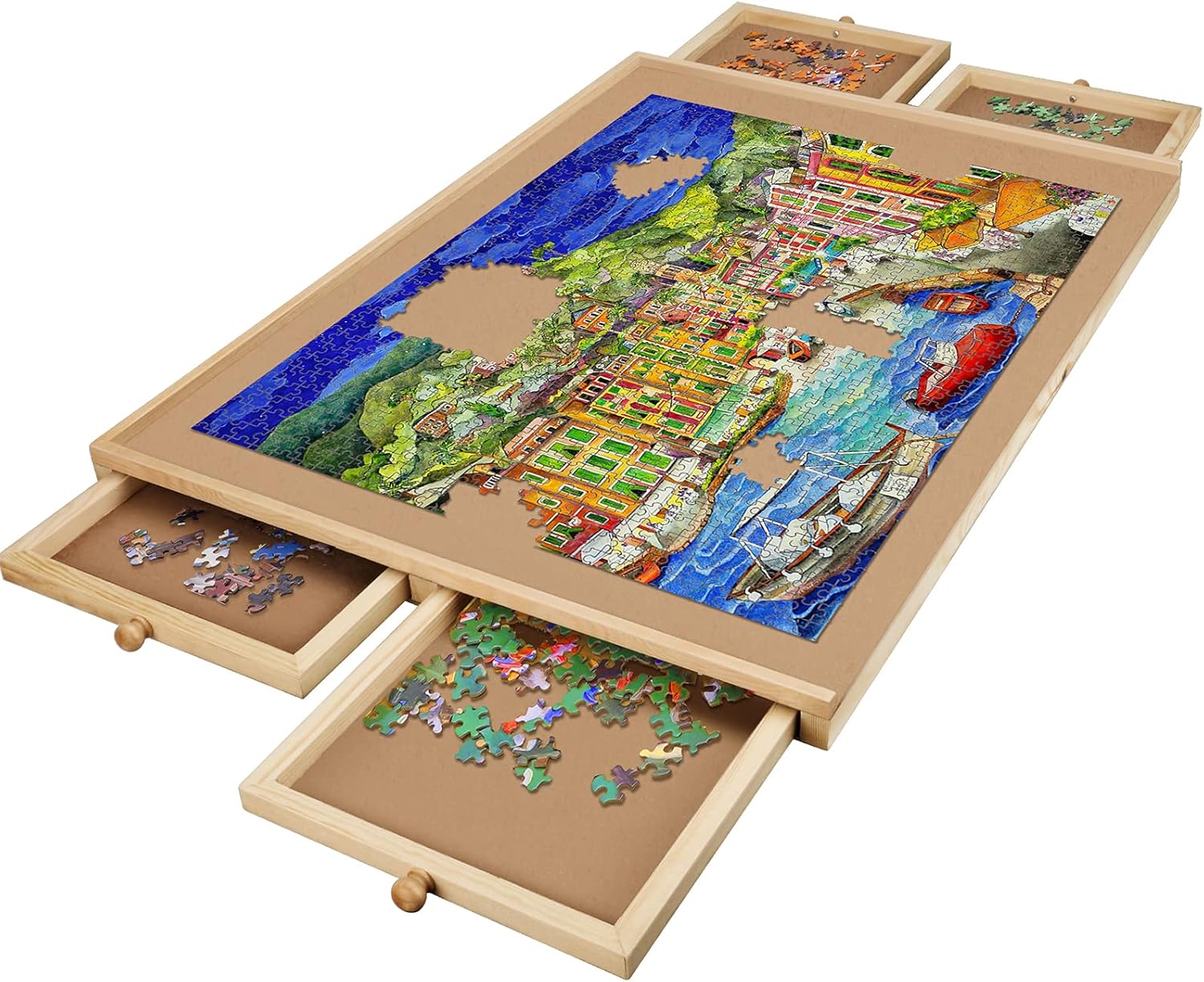 1000 Piece Wooden Puzzle Board, 29 x 21 Inch Jigsaw Puzzle Boards and Storage, Plateau-Smooth Fiberboard Work Surface with 4 Sliding Drawers (1000 Piece) Pack of 2