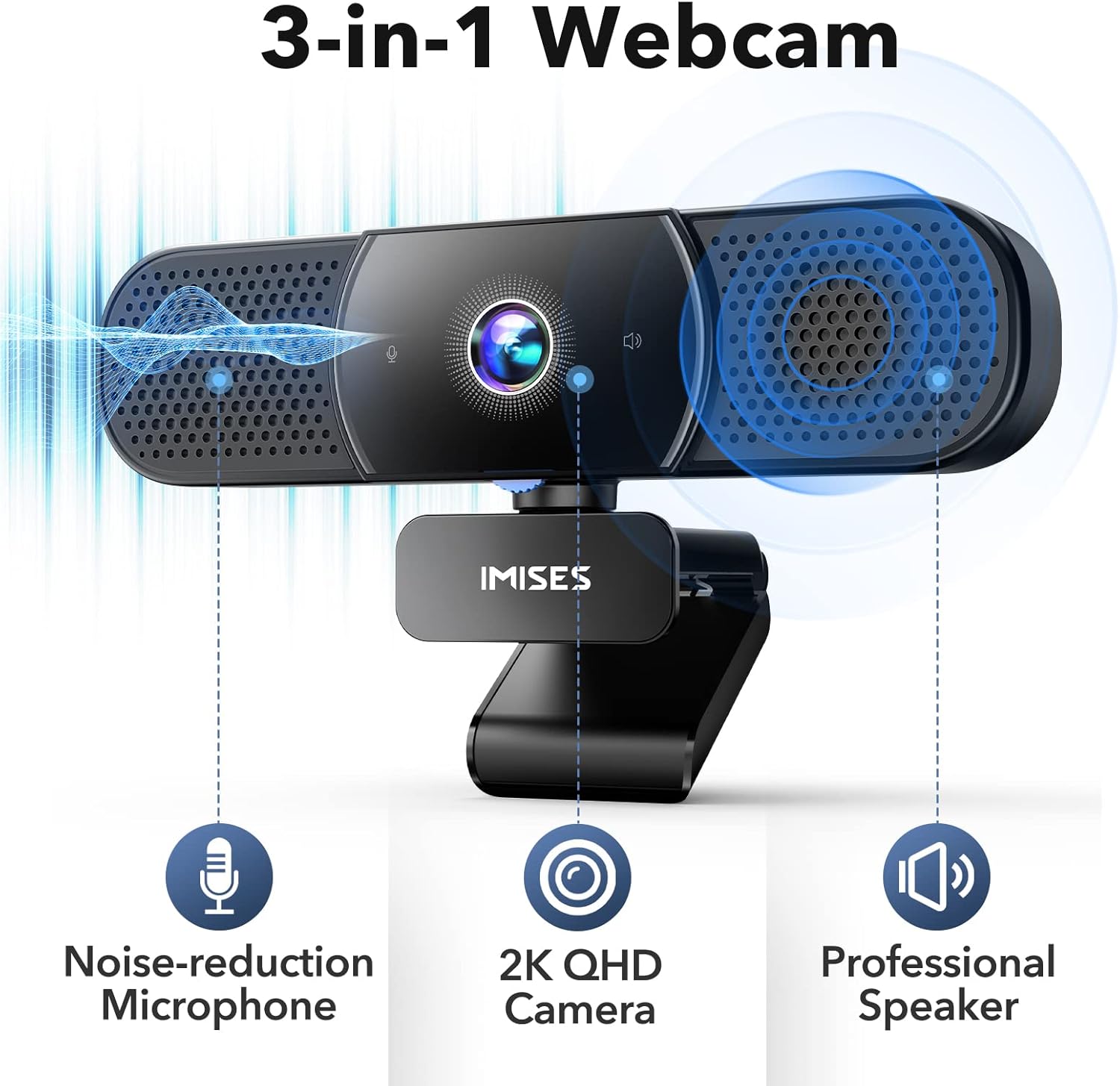 3 in 1 Webcam - Webcam with Microphone and Speaker, 2K QHD, Autofocus Laptop Camera w/Light Correction, Noise Reduction Computer Camera for Conference/Streaming, USB C Plug & Play with Privacy Cover
