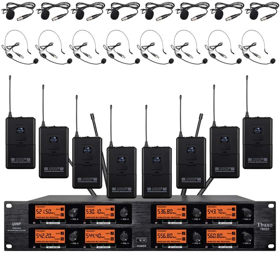 Wireless Microphone System Pro Audio 8 Channel Frequency B UHF 8 Lavalier Bodypacks 8 Lapel Mic 8 Headsets for Karaoke System Meeting Church Speaking Conference Wedding Party
