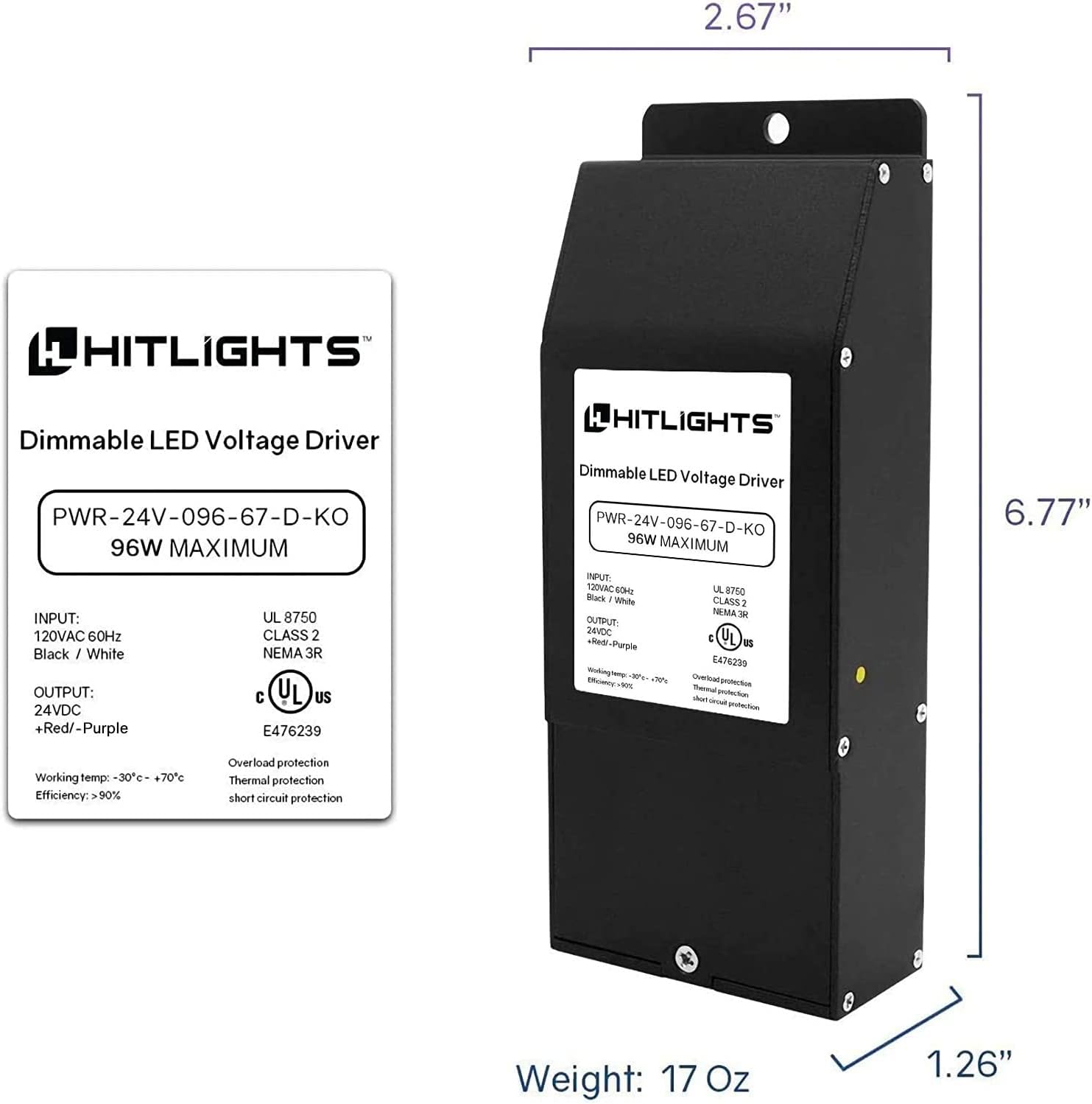 HitLights Dimmable Driver 24V 96W (4A), Magnetic 120V AC Transformer, Low Voltage Power Supply for LED Strip Lights- Compatible Leviton for Kitchens, Cabinets, Bedrooms & More - USA Made
