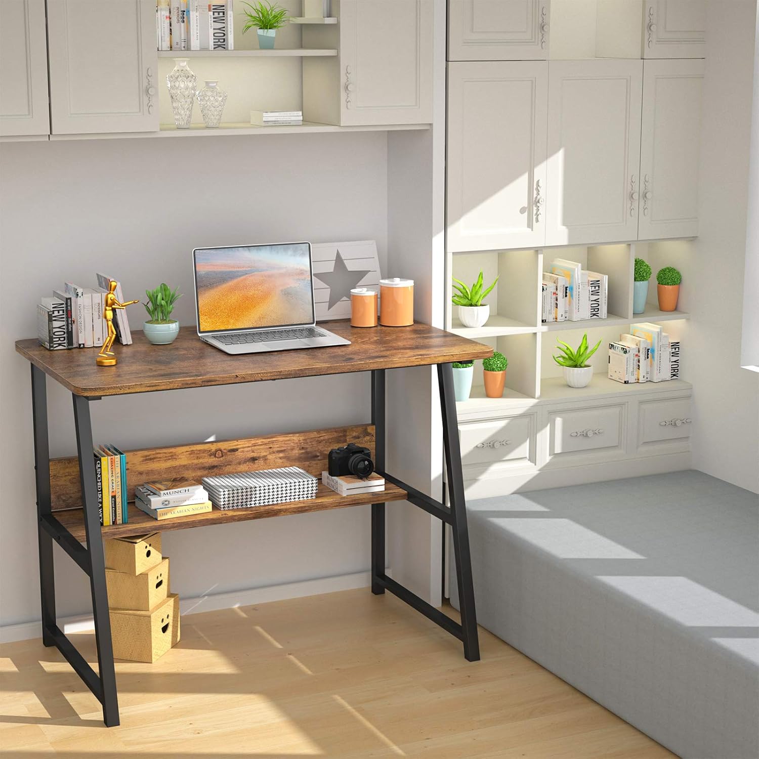 Topfurny Computer Desk 32 Inch Modern Sturdy Writing Desk with Bookshelf Study Table Desk with Metal Legs Industrial Table for Home Office for Small Space, Rustic Brown