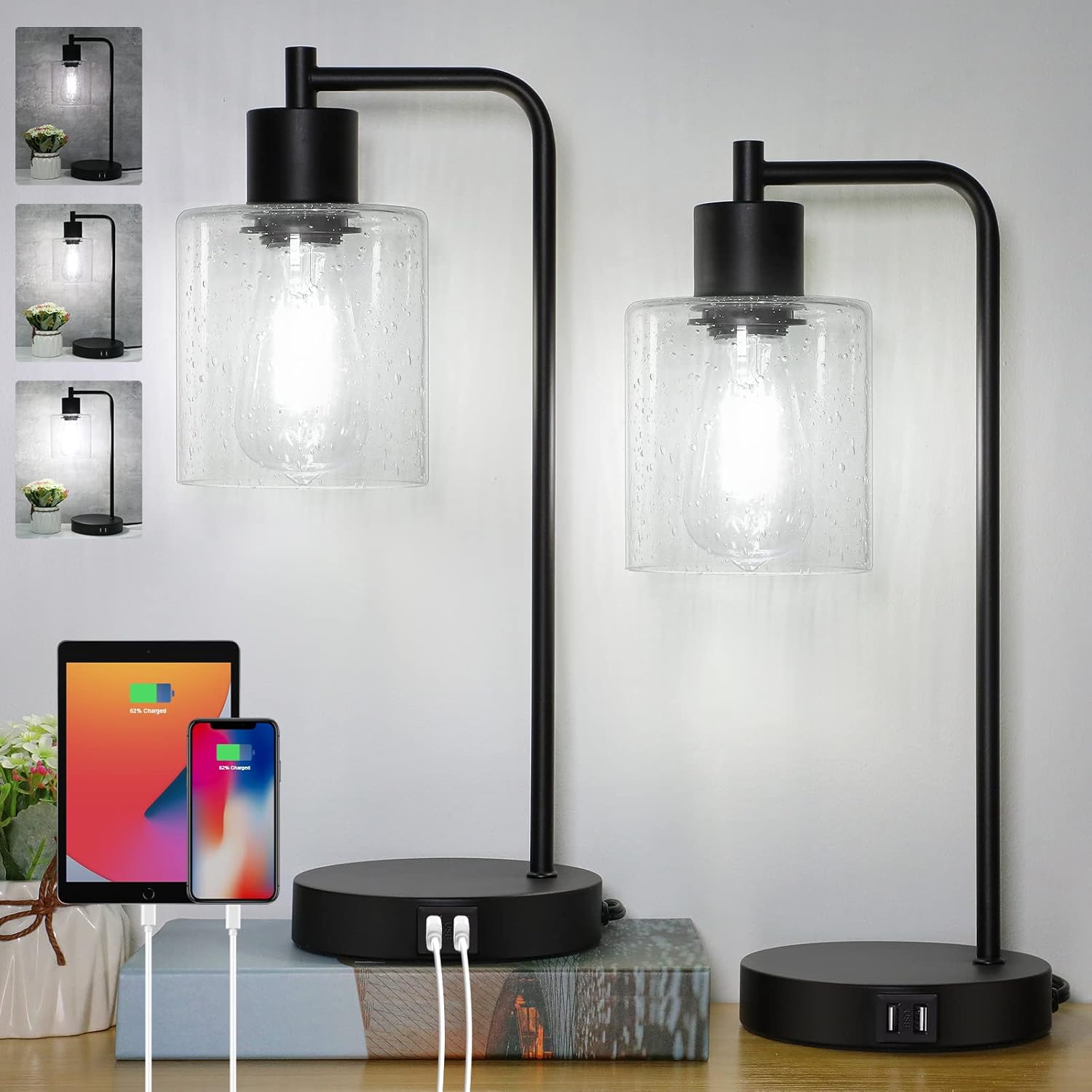 Industrial Table Lamps Set of 2 Vintage Nightstand Lamp with 2 USB Ports&AC Outlet, Desk Lamps for Reading Living Room, Bulbs Included