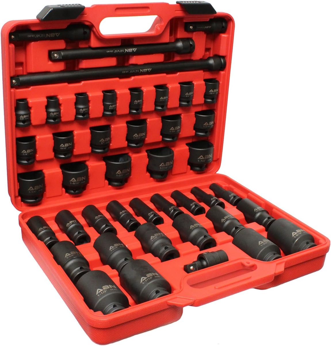 ABN 1/2in Drive SAE Standard Master Deep & Shallow Impact Socket 43-Piece Set 3/8&ndash;1-1/2in w/Extension & Swivel Joint