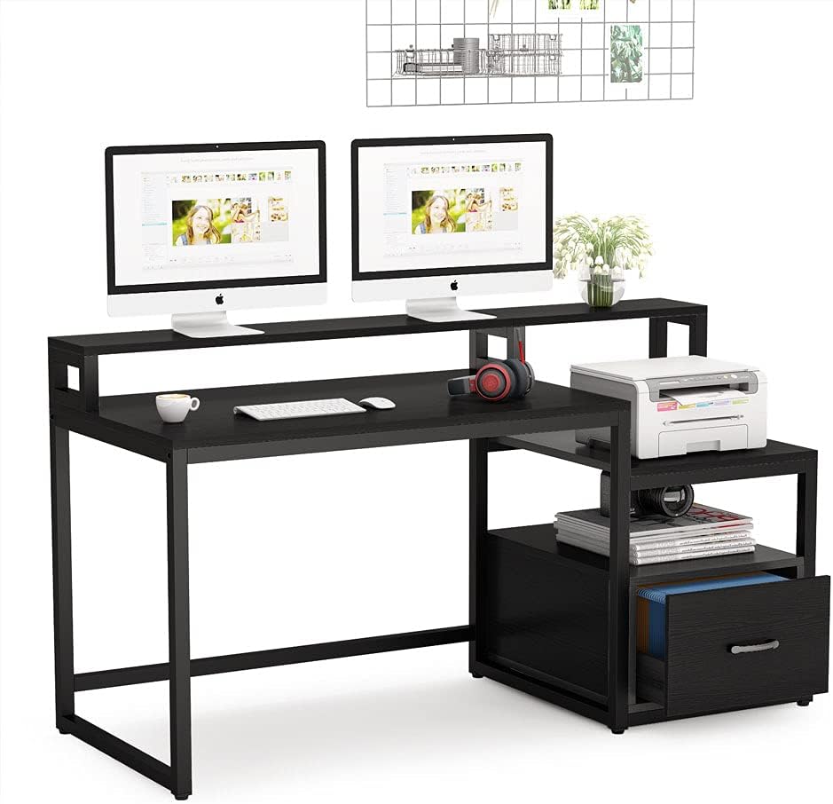 Tribesigns Computer Desk with File Drawer and Storage Shelves, 59 inch Modern Large Home Office Desk Computer Table Study Writing Desk Workstation with Hutch (Black)